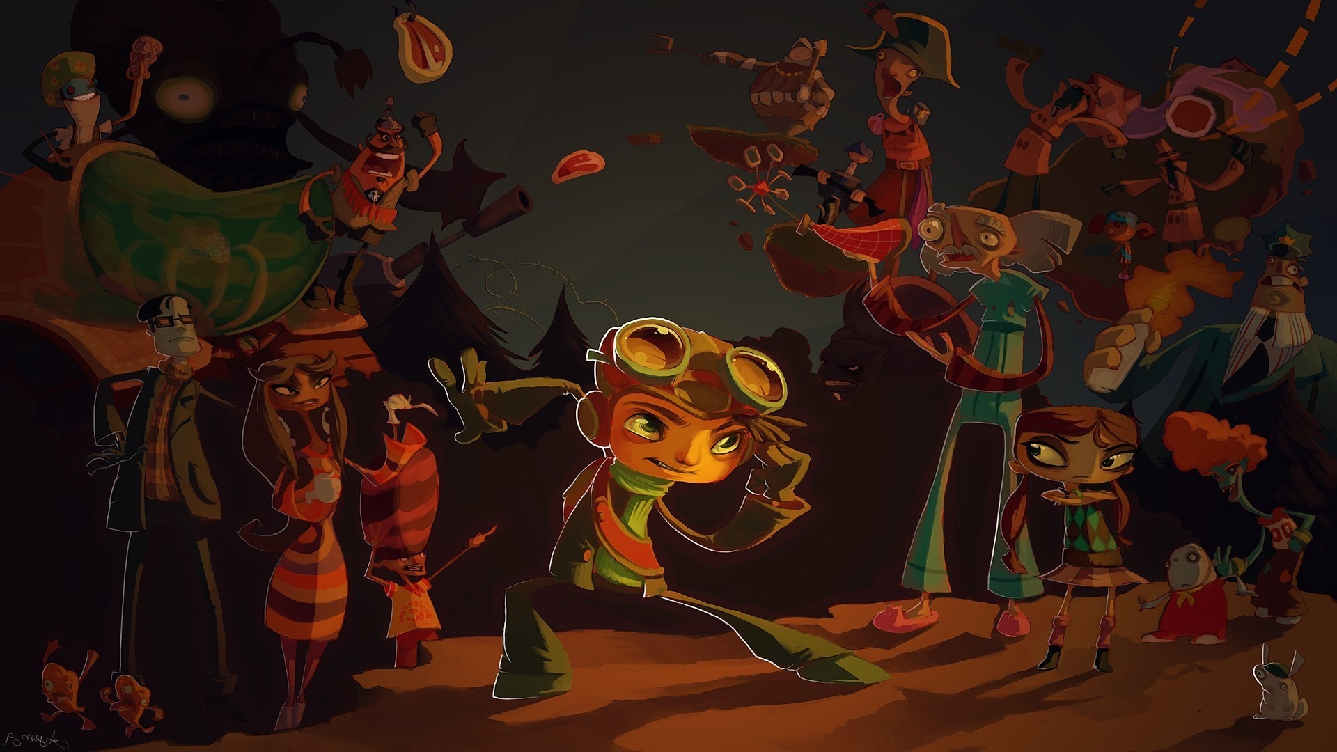 Psychonauts characters in a dark, stylized scene HD Wallpaper