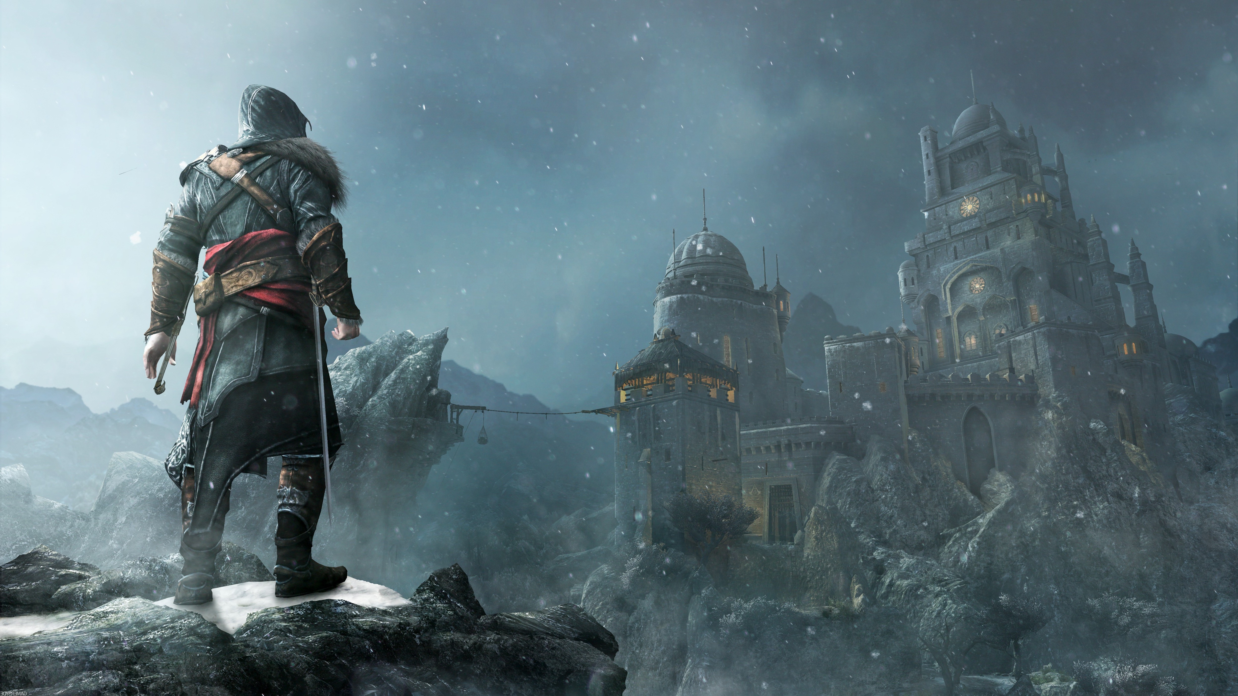 Ezio Auditore da Firenze from Assassin's Creed overlooking a castle HD Wallpaper