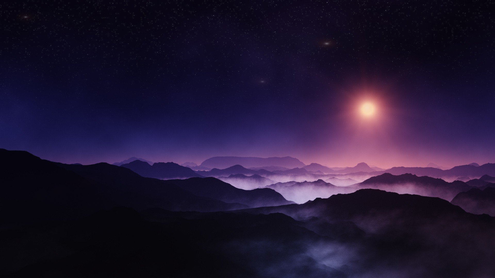 Misty Mountain Landscape Under Starry Midnight Sun HD Wallpaper