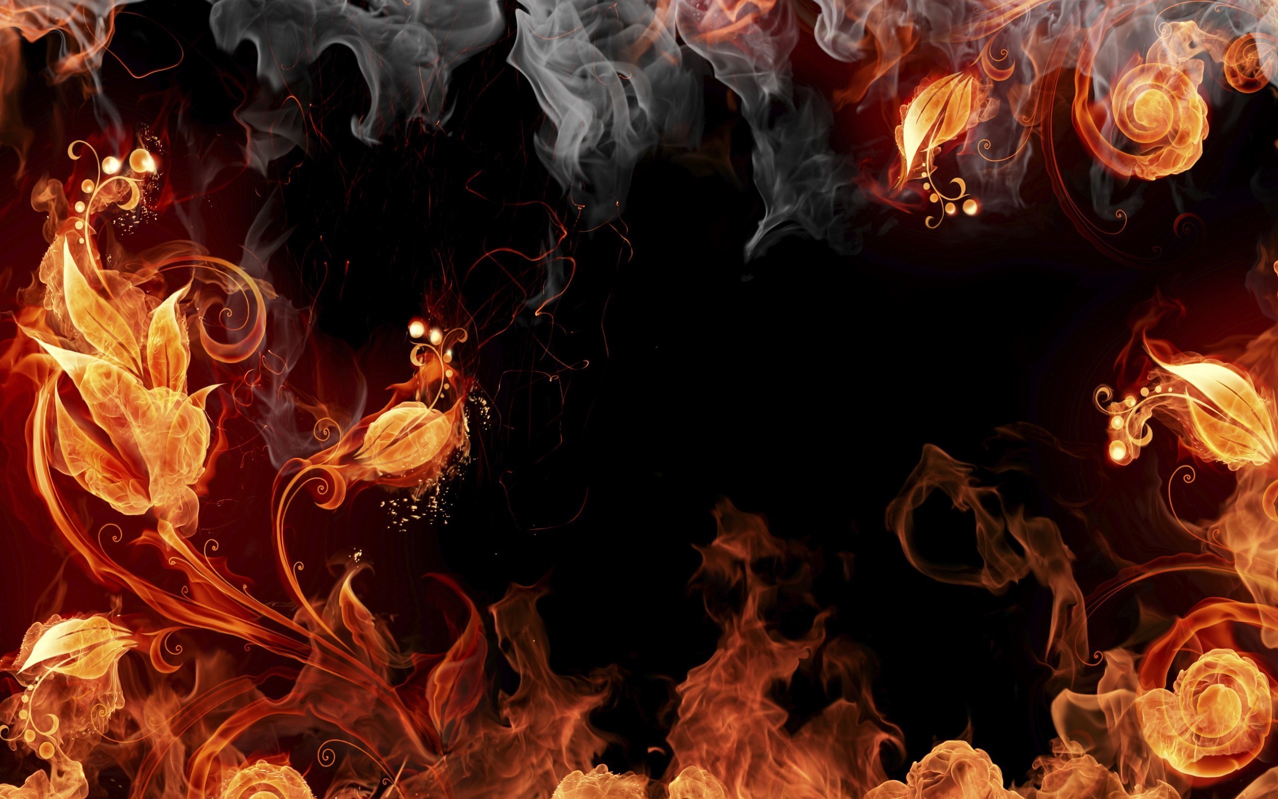 Fiery Floral Design with Smoke Effects HD Wallpaper