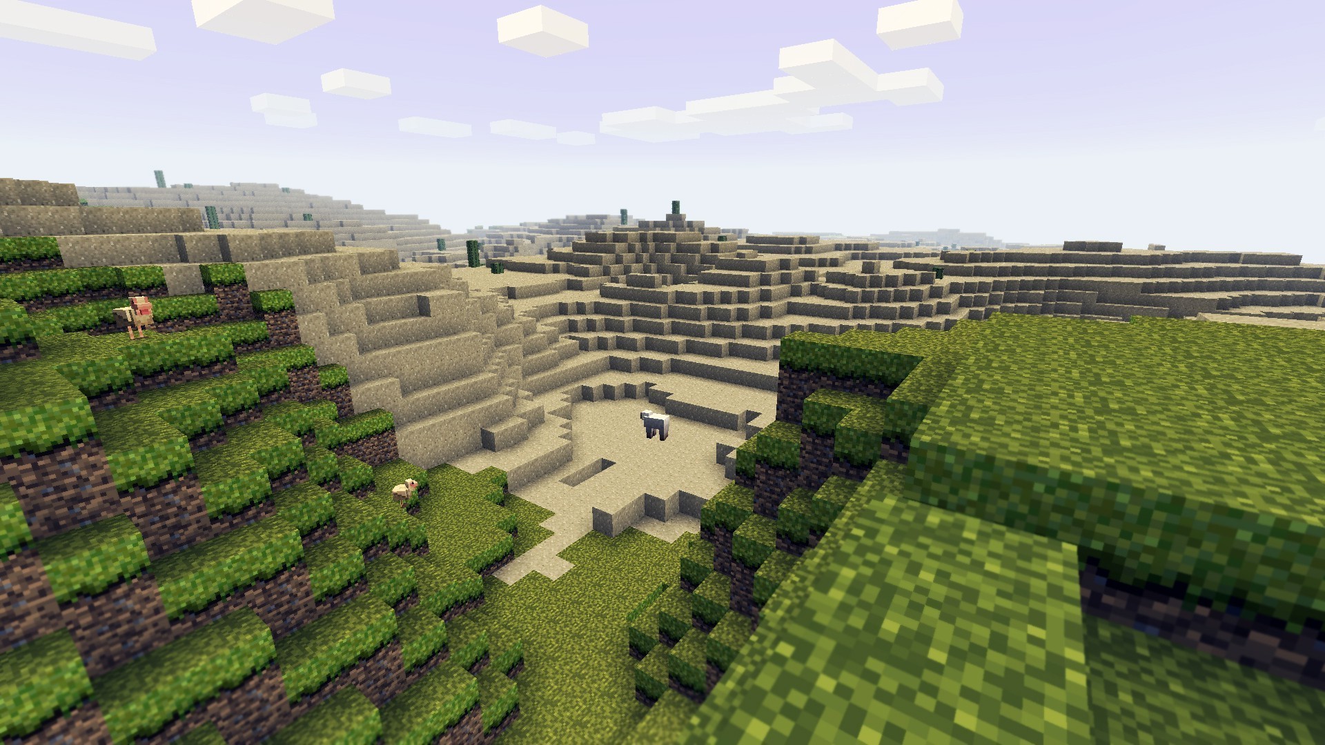 Minecraft desert landscape with sheep and green hills HD Wallpaper