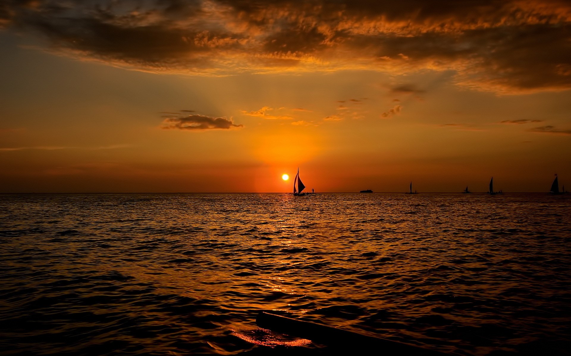 Sailboats on the ocean at sunset HD Wallpaper