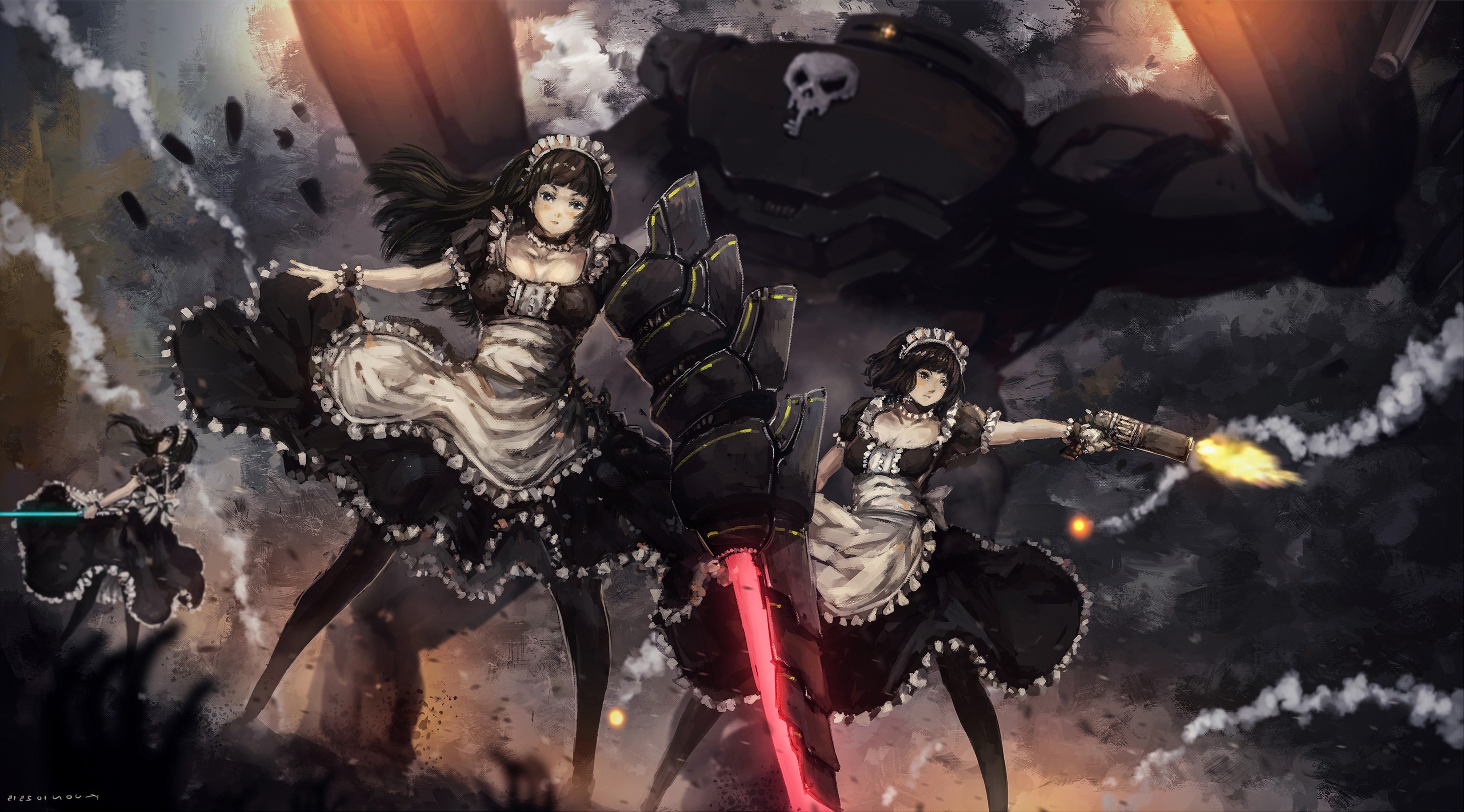 Anime maids with giant robot and weapons HD Wallpaper