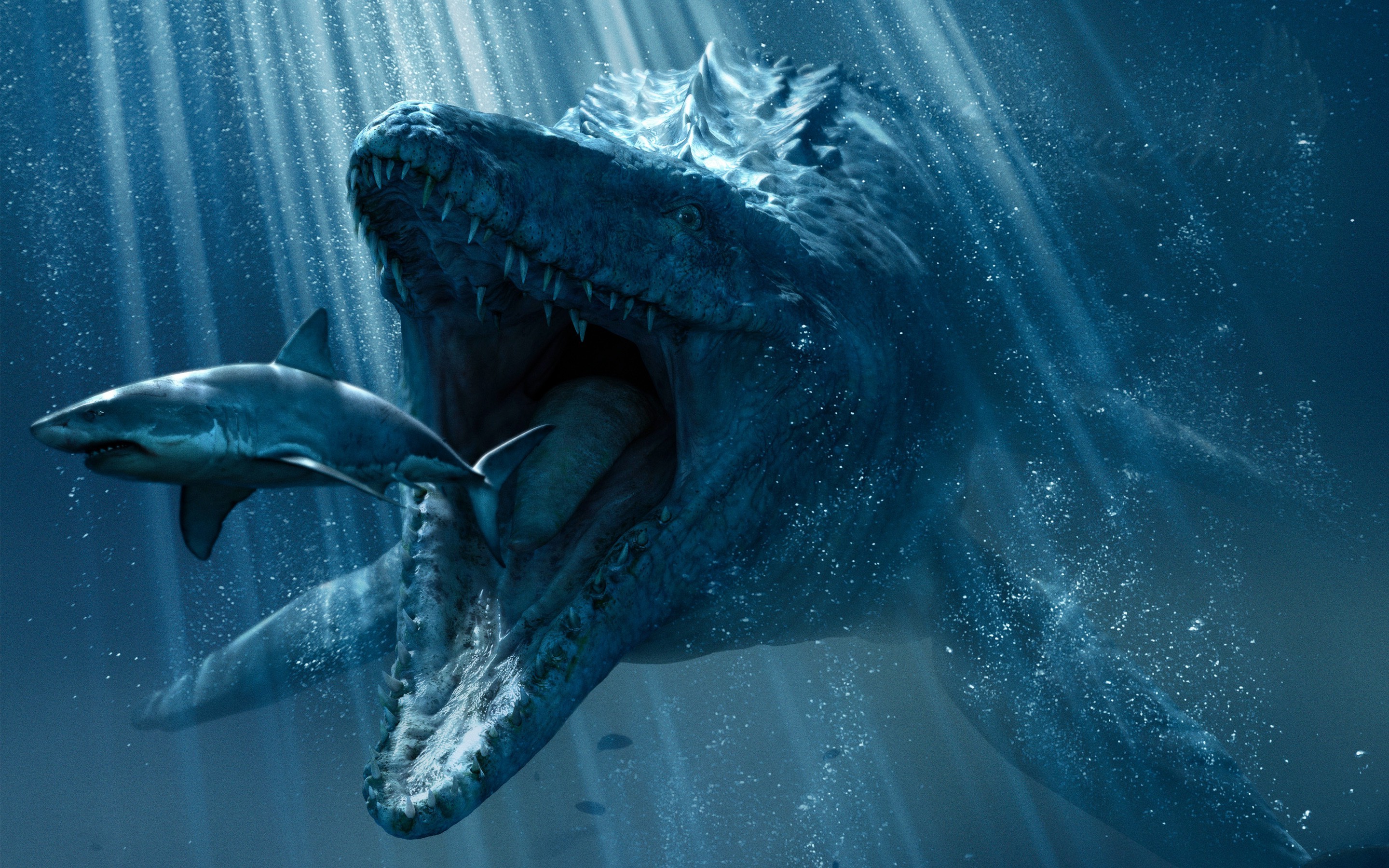 Mosasaurs and shark in Jurassic World HD Wallpaper