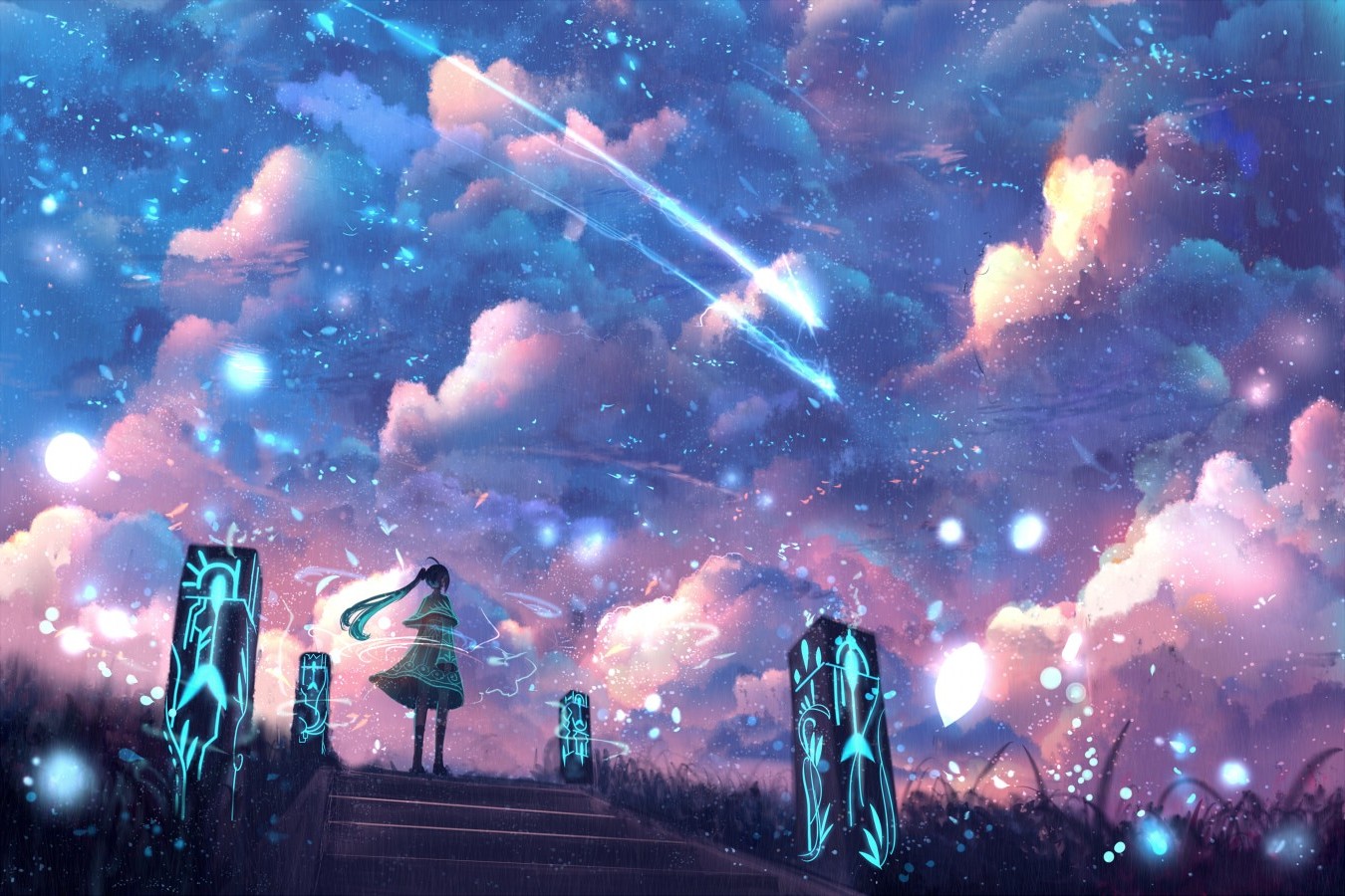 Hatsune Miku from Vocaloid in a starry sky HD Wallpaper