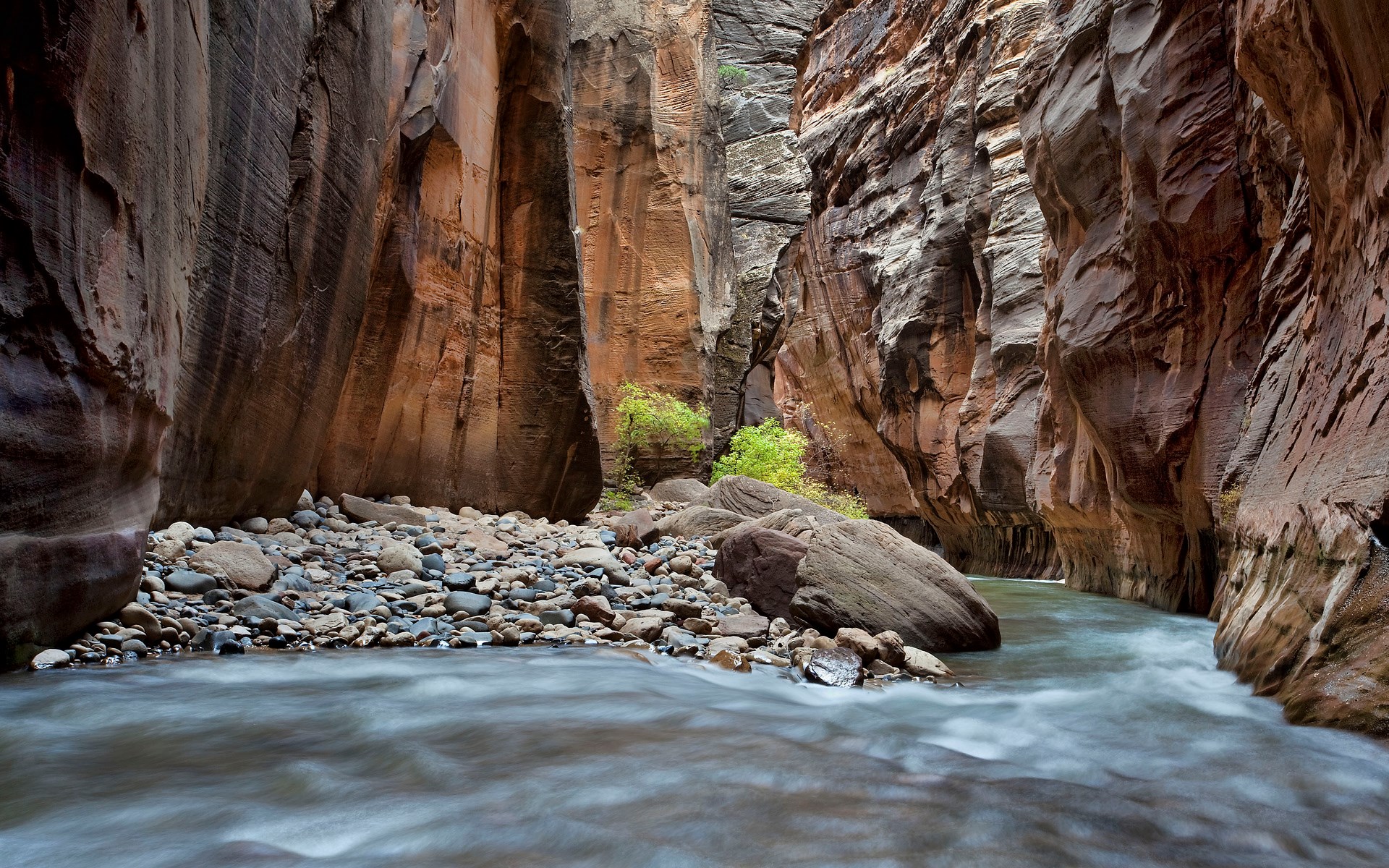 River flowing through a narrow canyon with towering rock walls HD Wallpaper