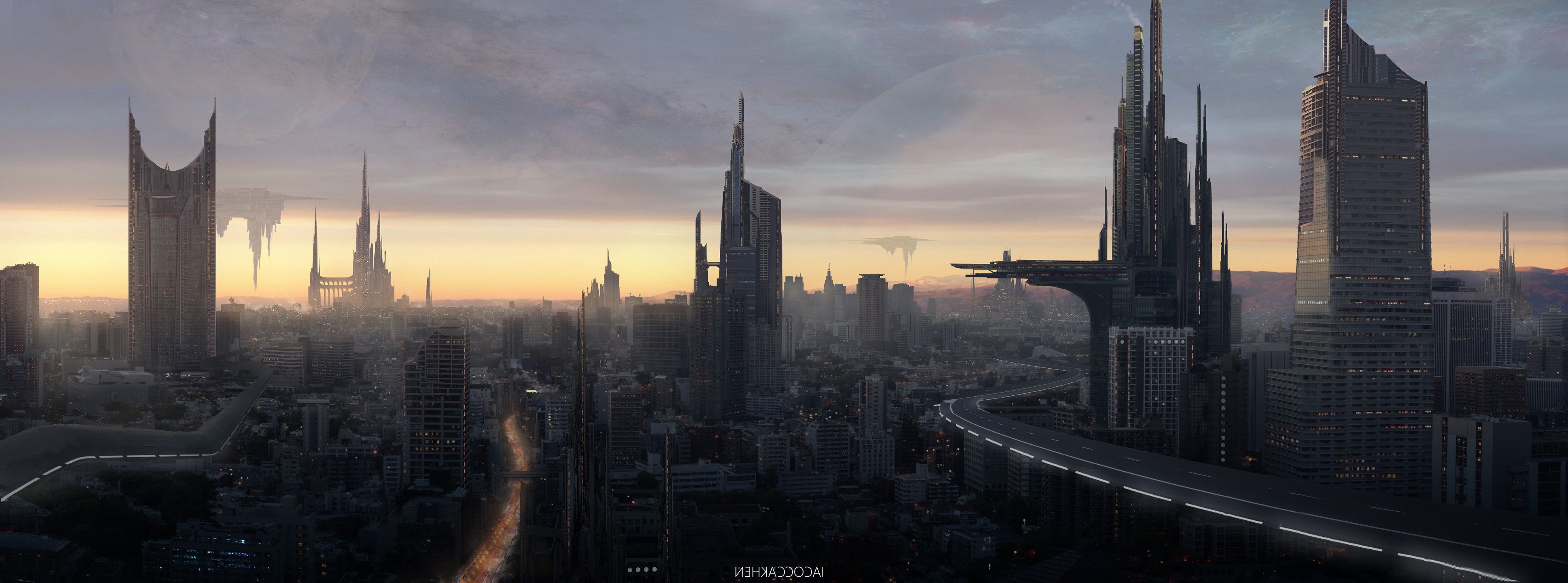 Futuristic city skyline at sunset with flying vehicles HD Wallpaper