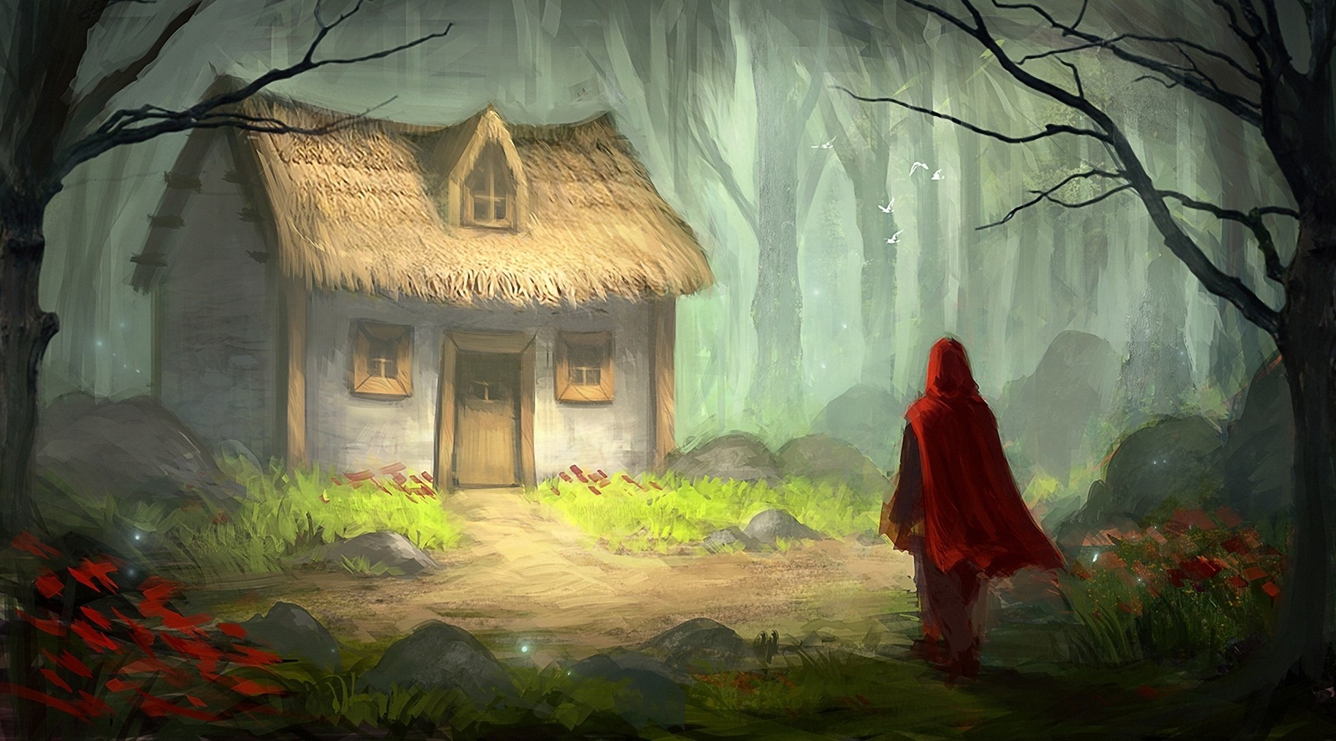 Little Red Riding Hood approaching a house in a forest HD Wallpaper