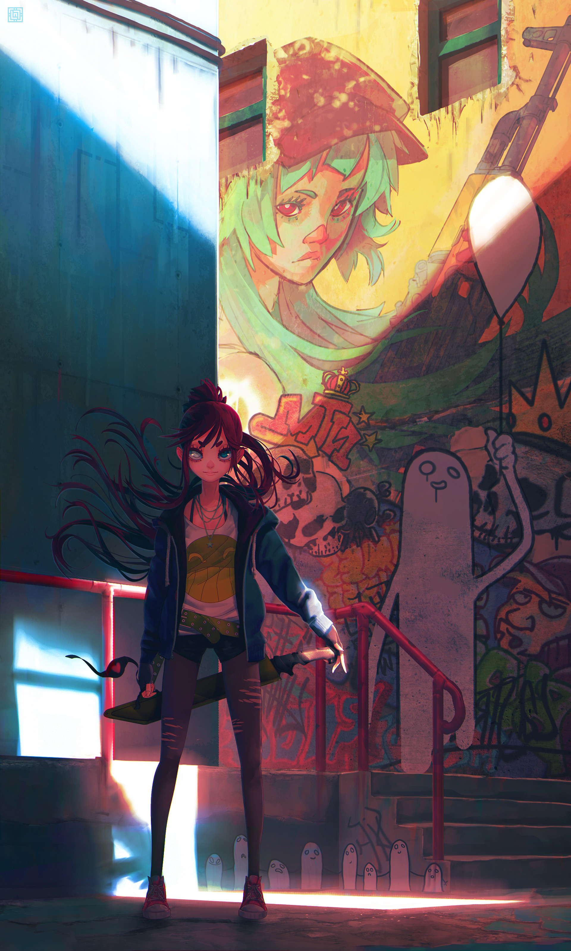 Girl with sword in front of graffiti wall HD Wallpaper