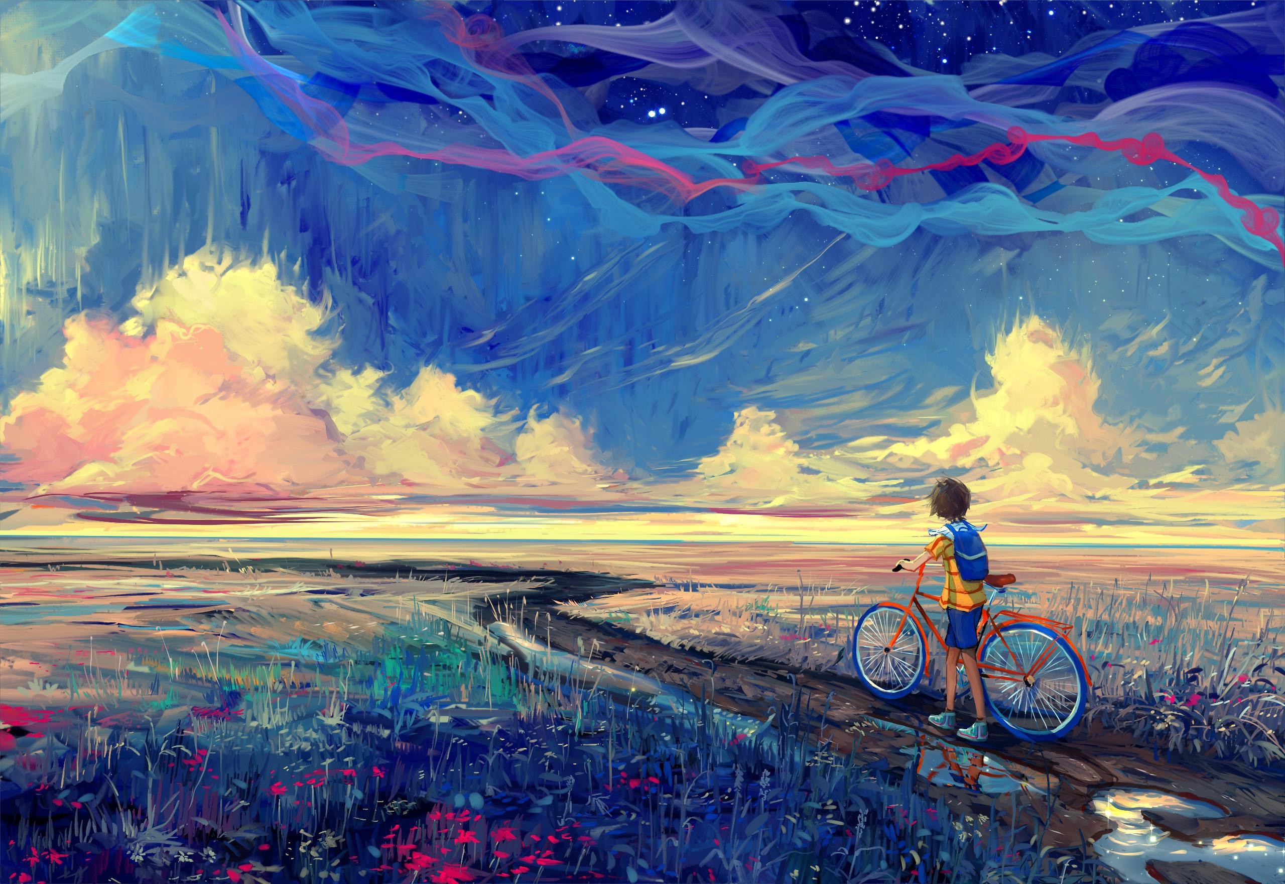 Boy with bicycle in fantasy landscape HD Wallpaper