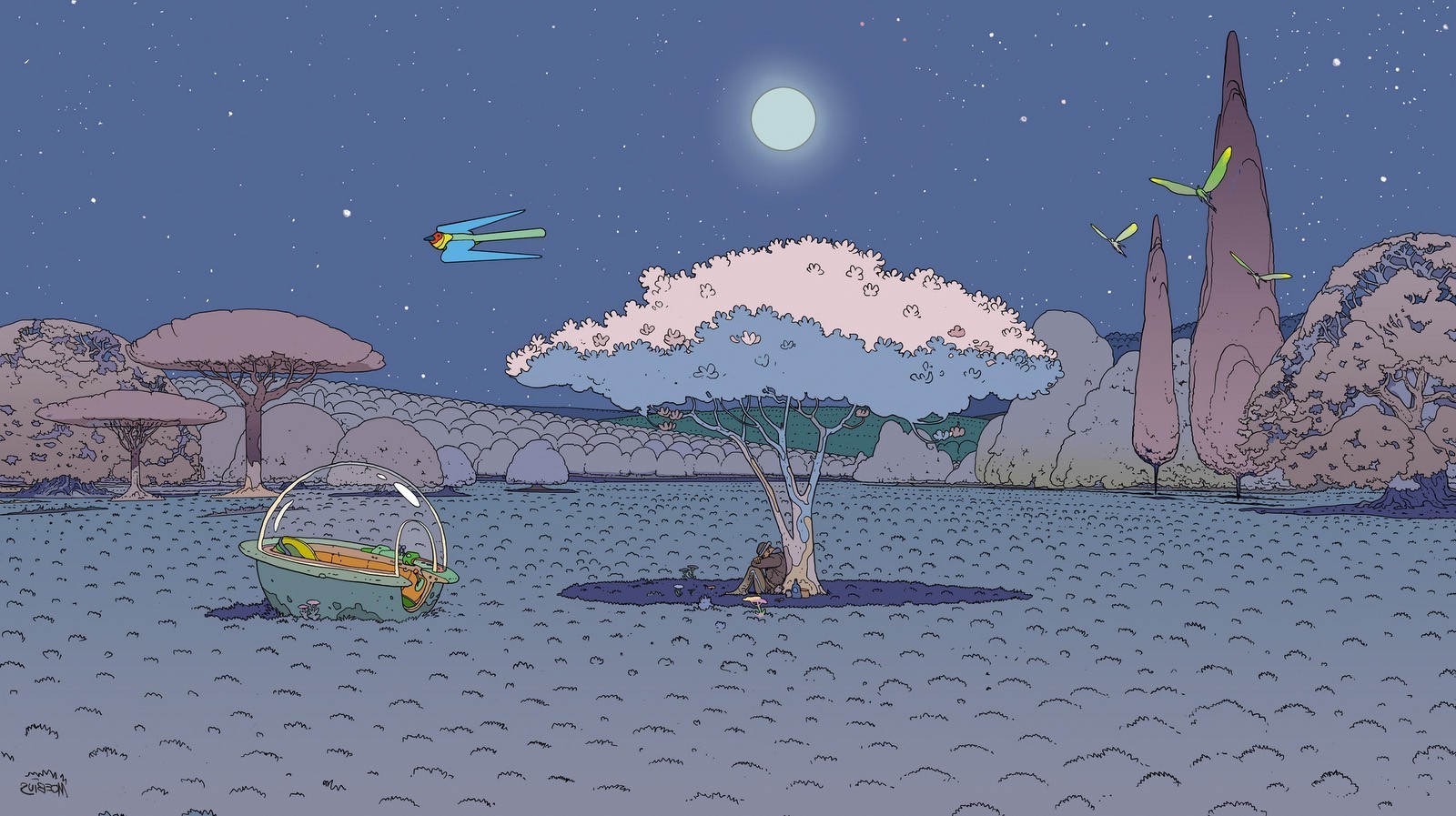 Surreal alien landscape with trees, a spacecraft, and a person HD Wallpaper