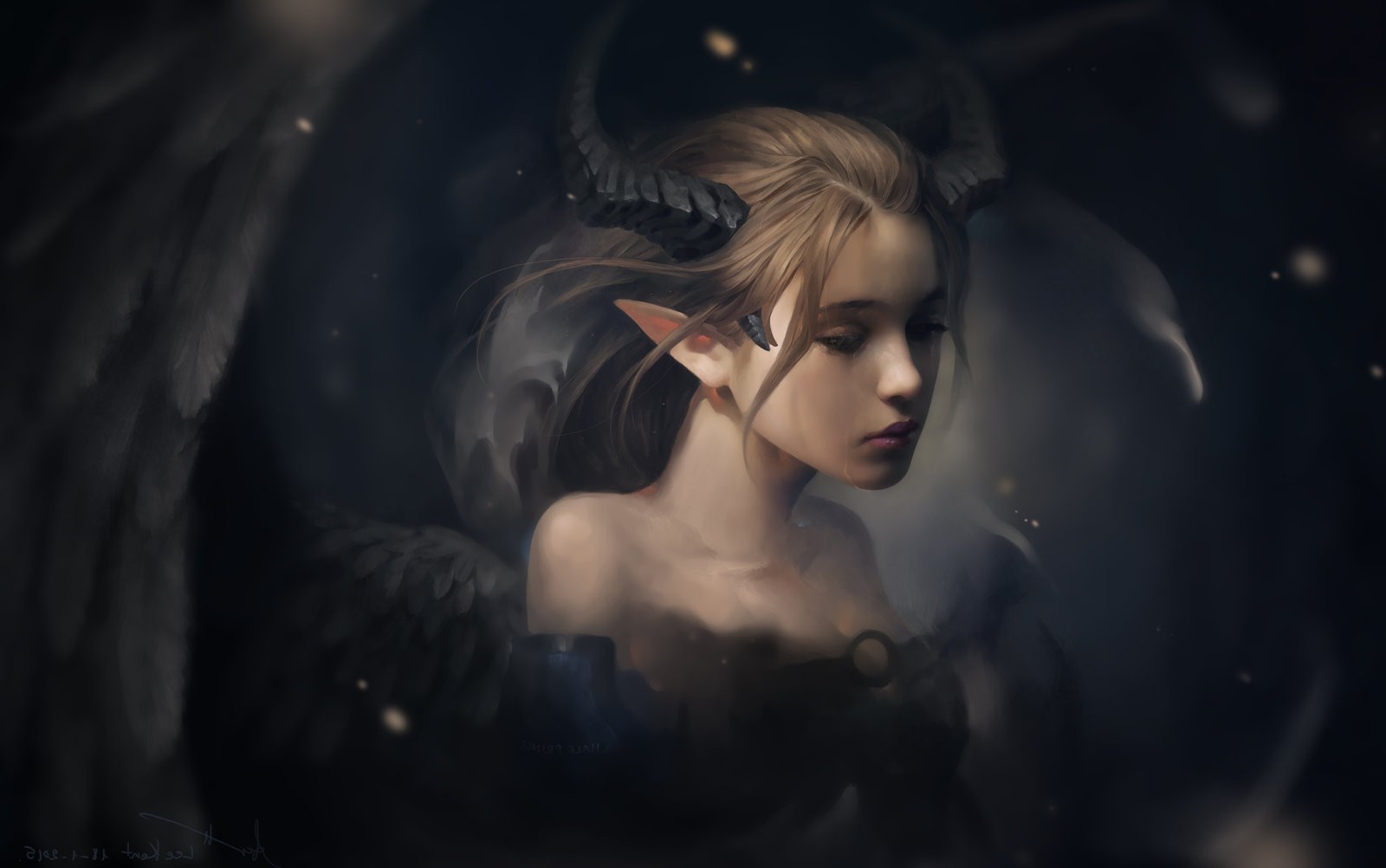 Fantasy art of a sad demon girl with horns and wings HD Wallpaper