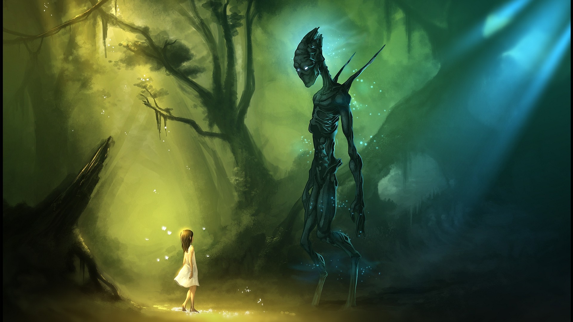 Girl and alien in a mystical forest HD Wallpaper