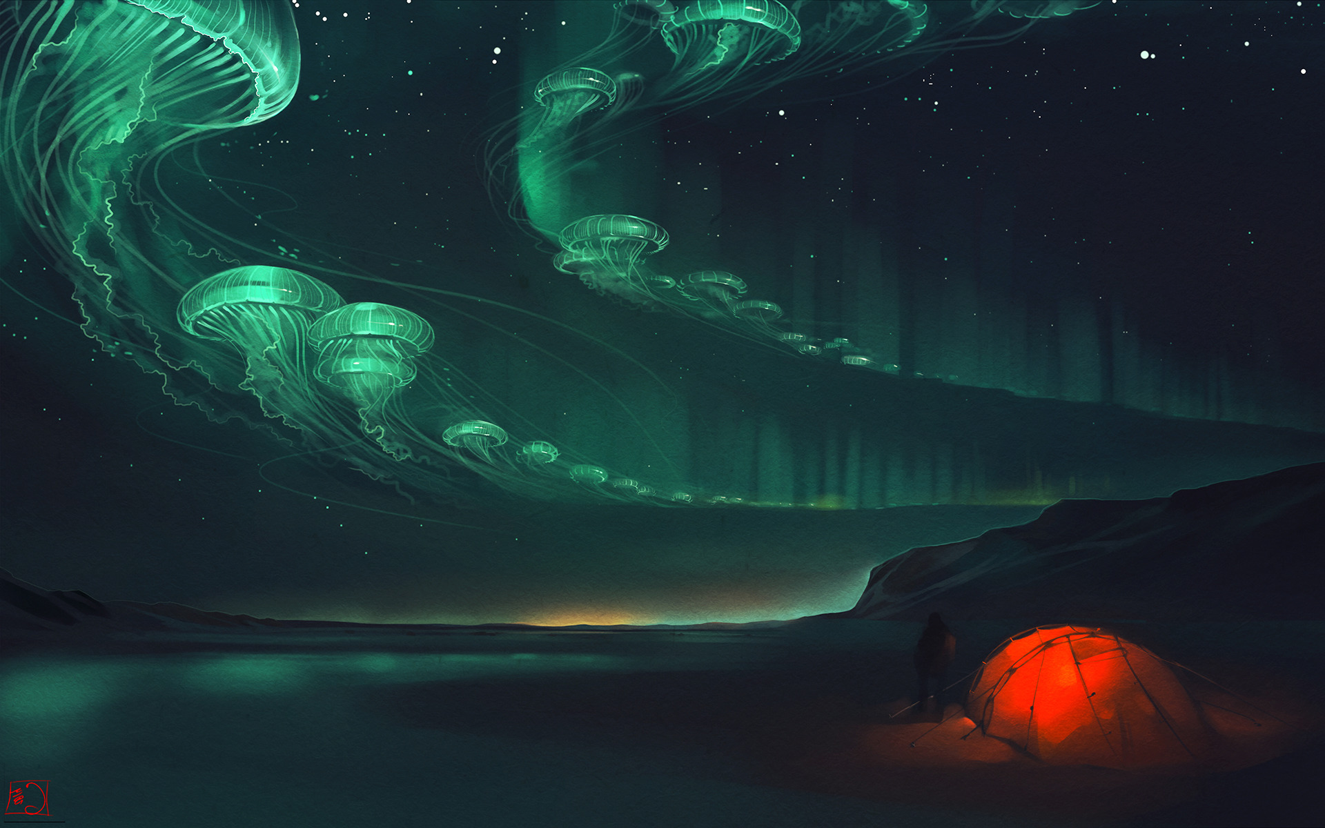 Fantasy art of glowing jellyfish aurorae over a campsite HD Wallpaper