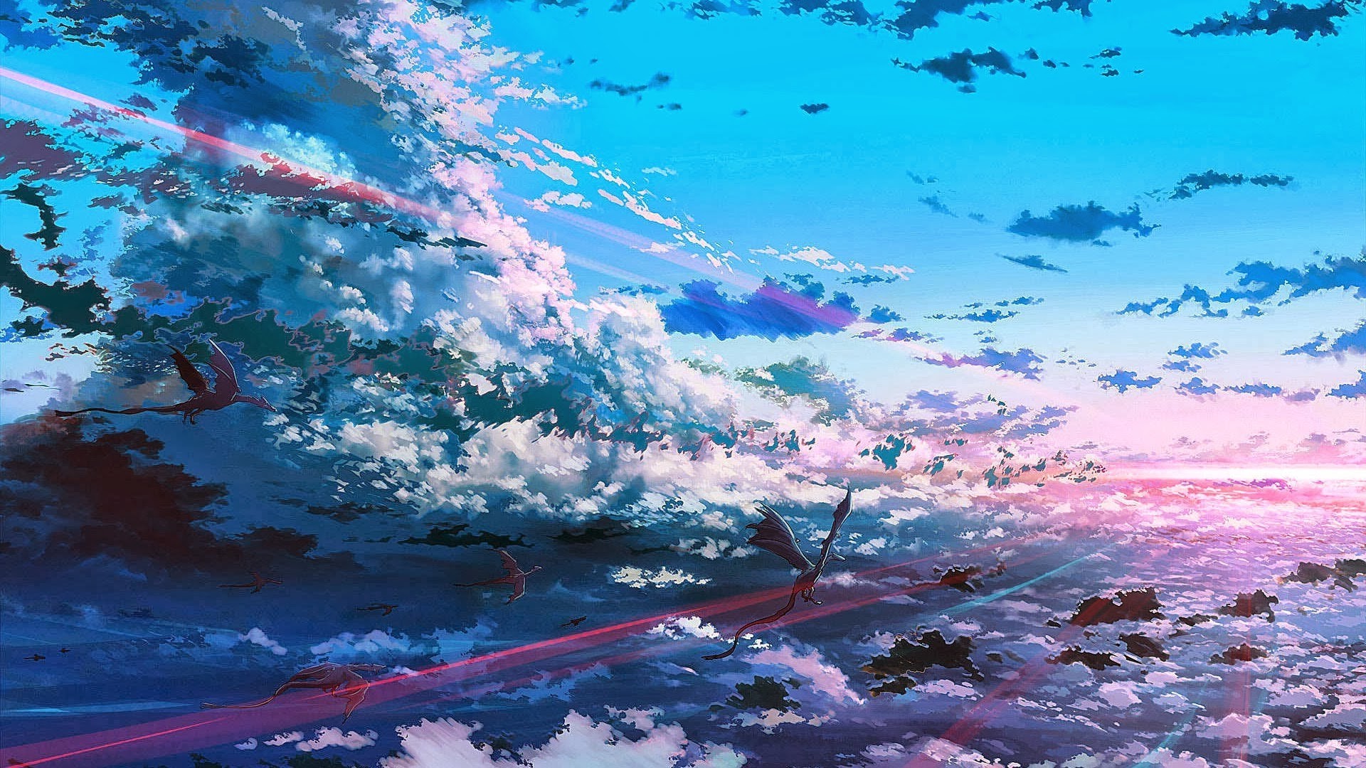Fantasy art of dragons flying through clouds at sunset HD Wallpaper