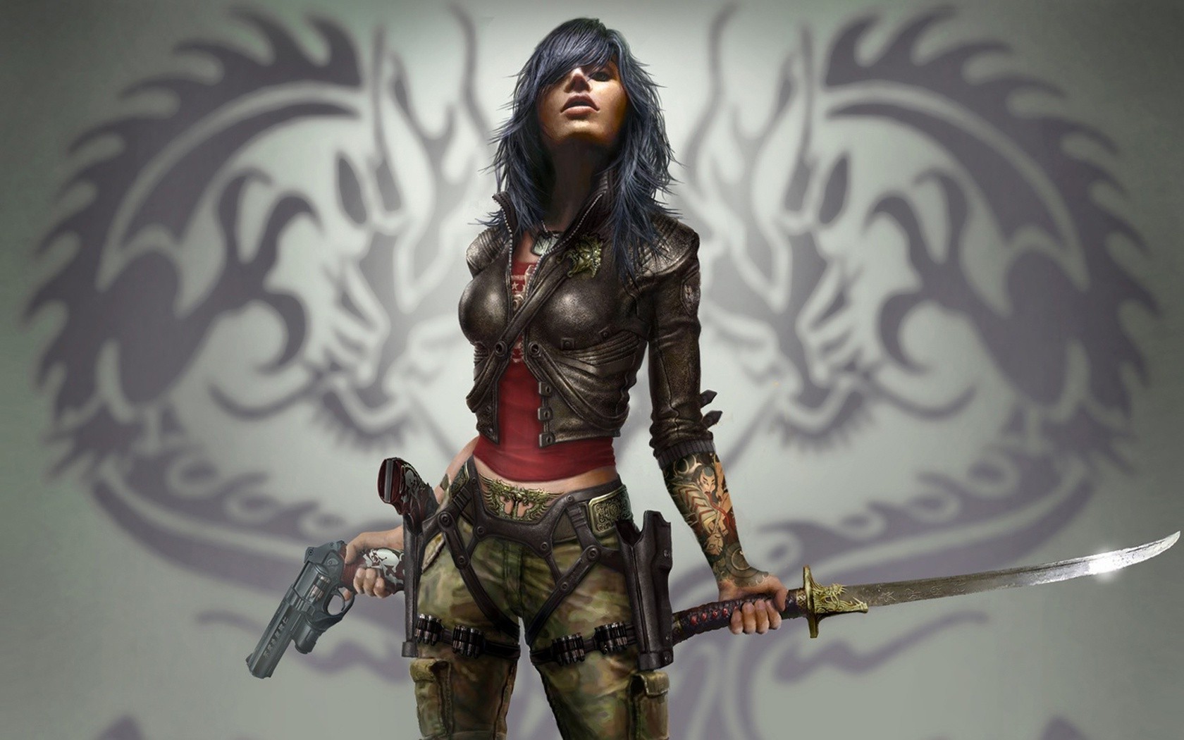 Woman warrior with sword and gun HD Wallpaper