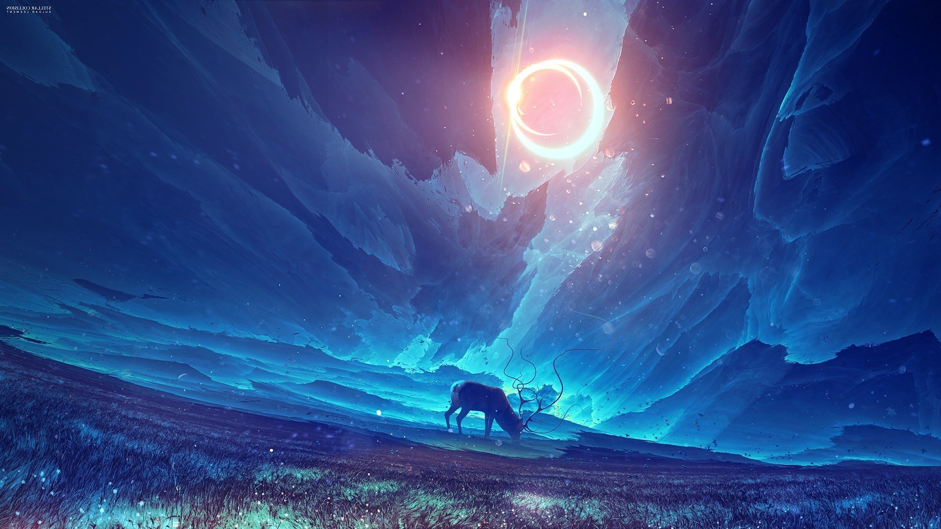 Fantasy deer under a ringed celestial body HD Wallpaper