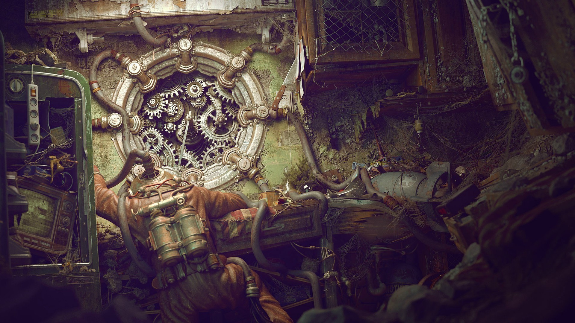 Steampunk diver with gears and bomb HD Wallpaper