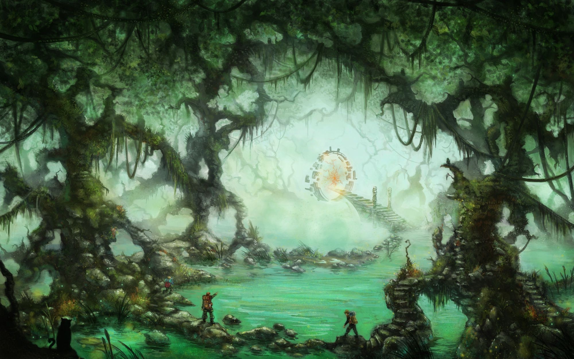 Fantasy forest with glowing portal and explorers HD Wallpaper