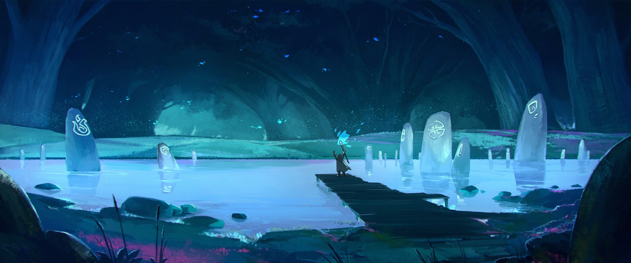 Fantasy art of a person with magic staff in a blue pond HD Wallpaper