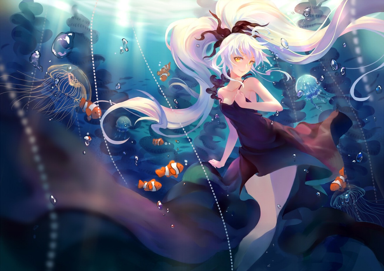 Anime girl with white hair underwater with fish and jellyfish HD Wallpaper