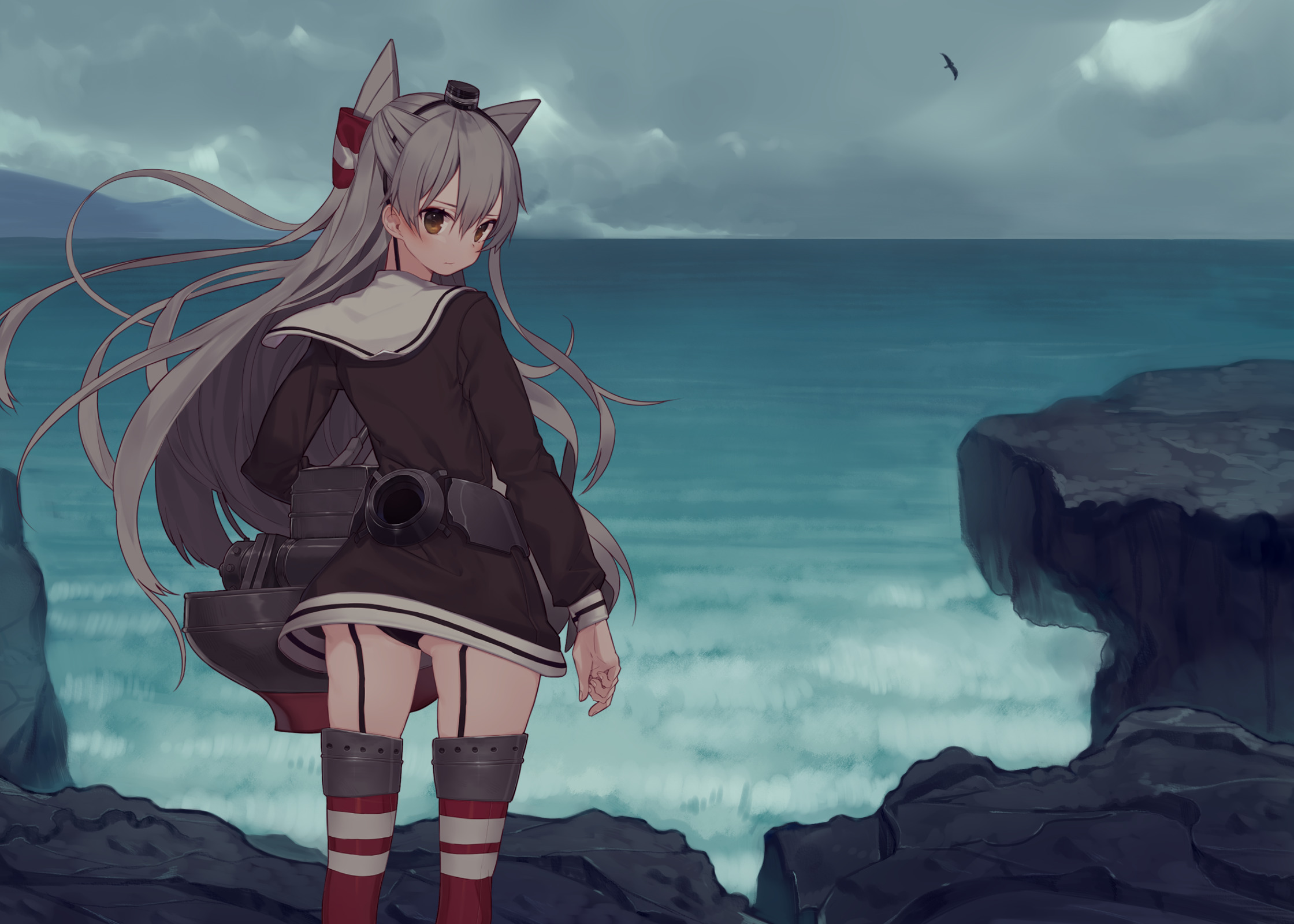 Amatsukaze from Kantai Collection on a cliff by the sea HD Wallpaper
