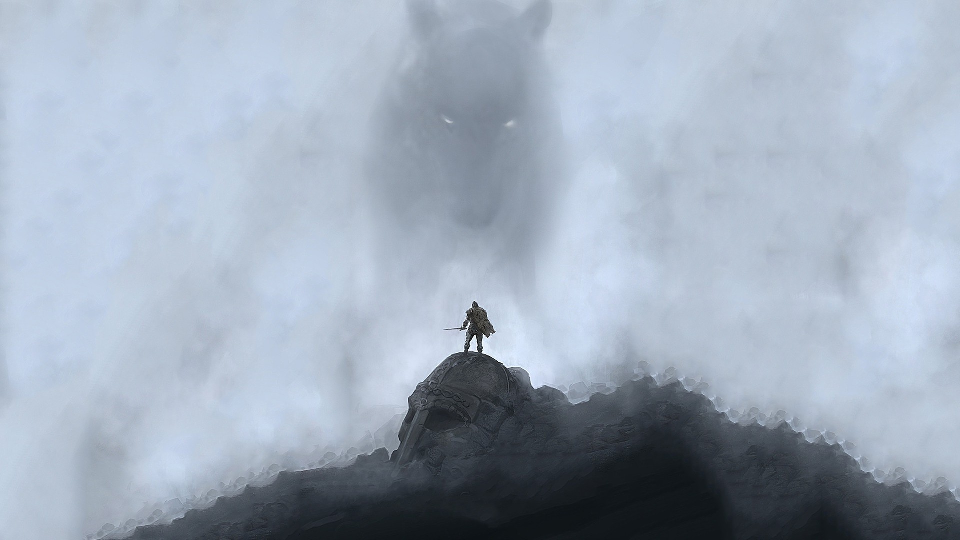 Warrior facing giant wolf in mist HD Wallpaper