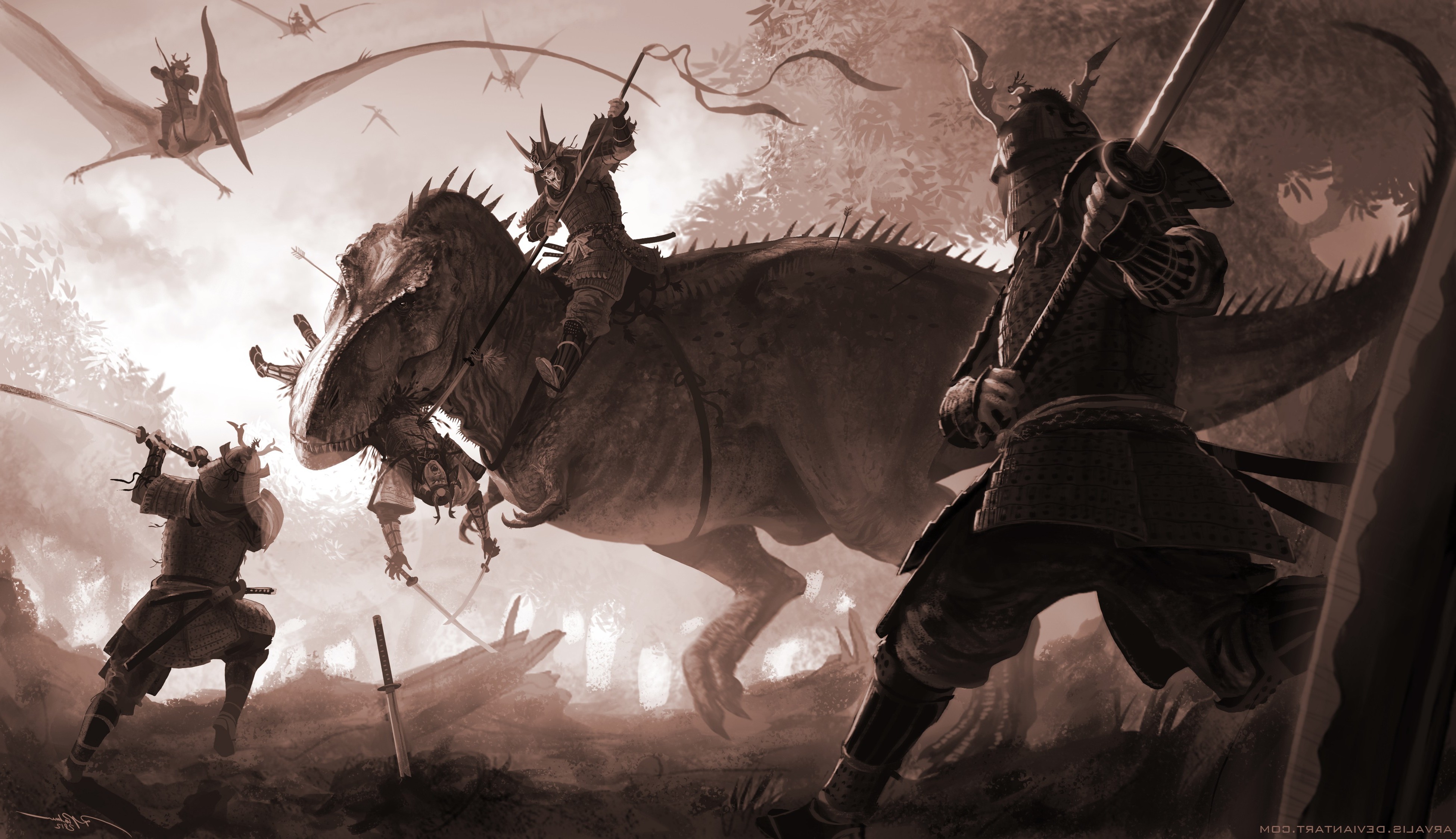 Samurai riding T-Rex fighting dinosaurs and pterodactyls HD Wallpaper