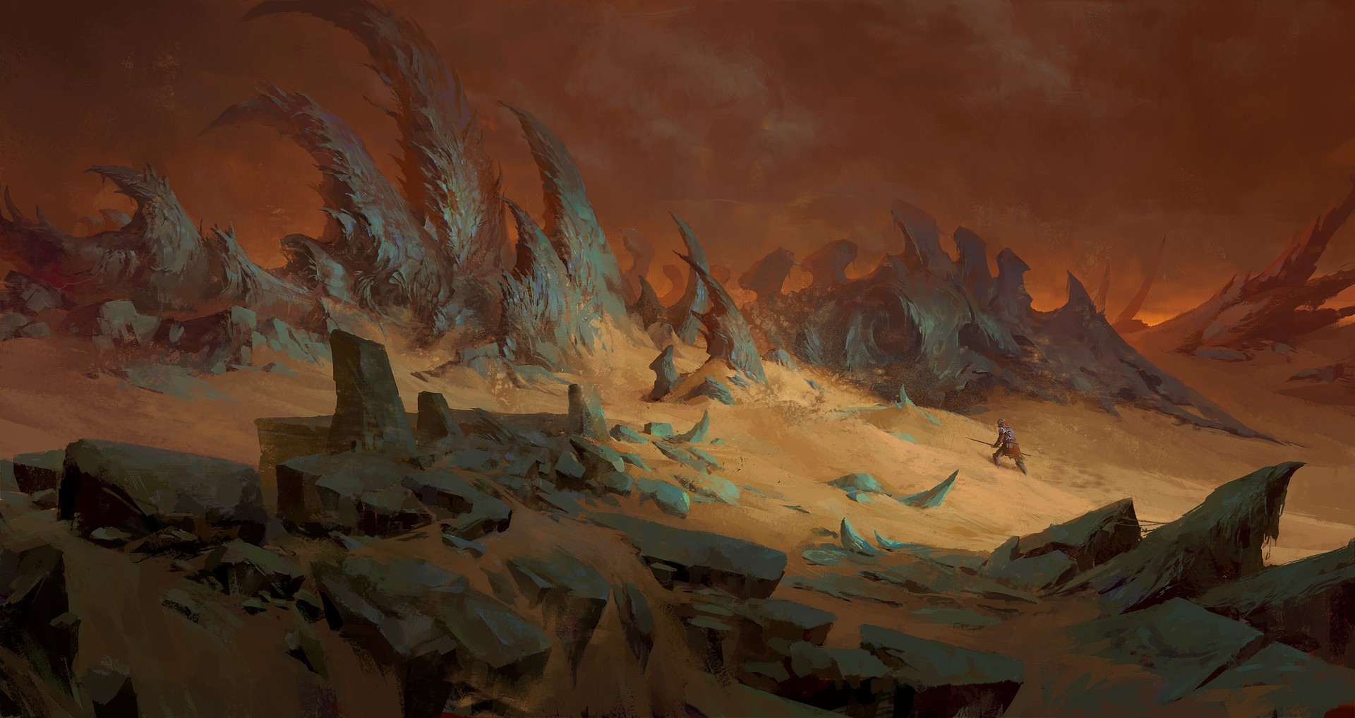 Fantasy art of a warrior in a desolate landscape HD Wallpaper