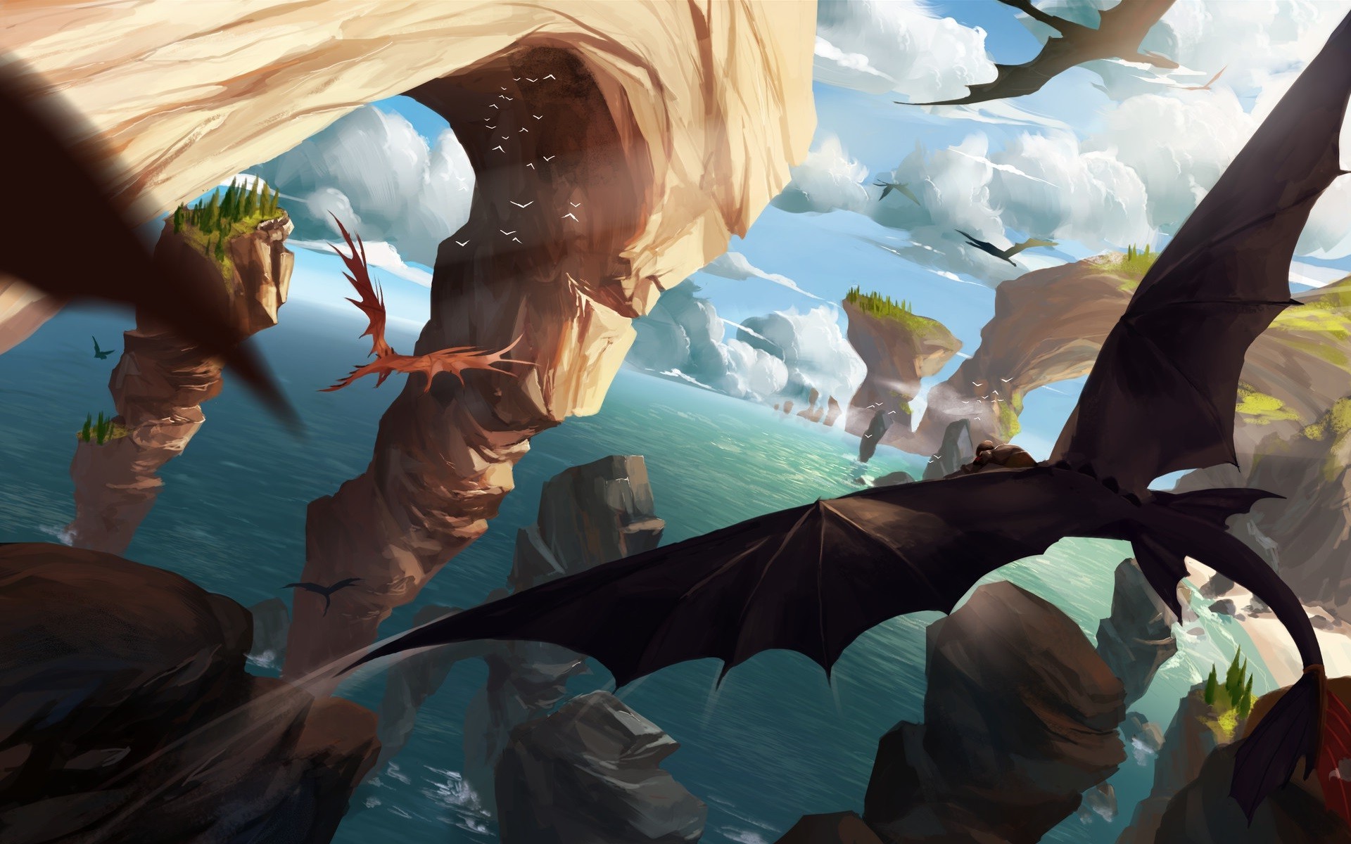 Dragons flying over islands and sea, How to Train Your Dragon HD Wallpaper