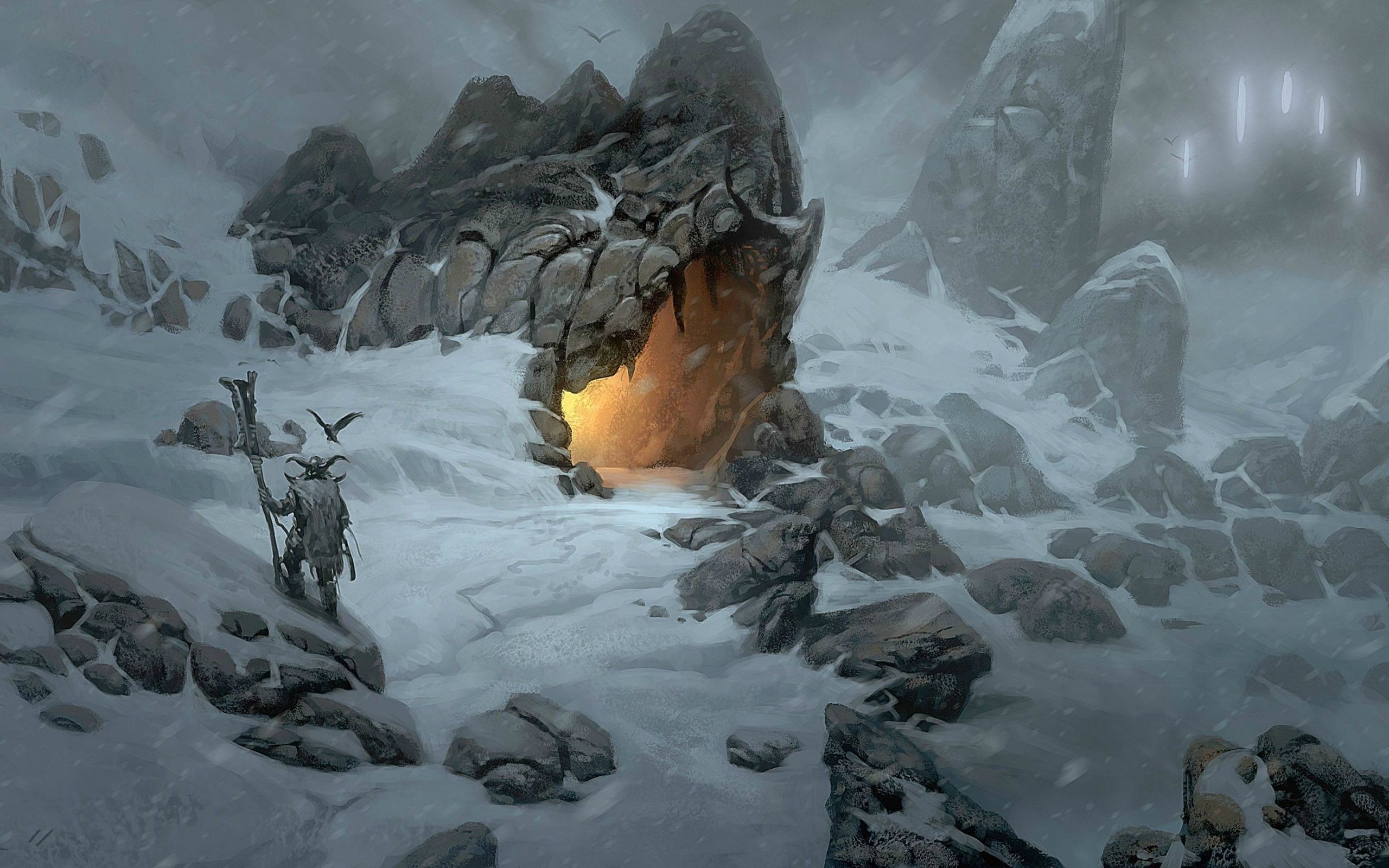Viking warrior with staff near a snowy cave entrance HD Wallpaper