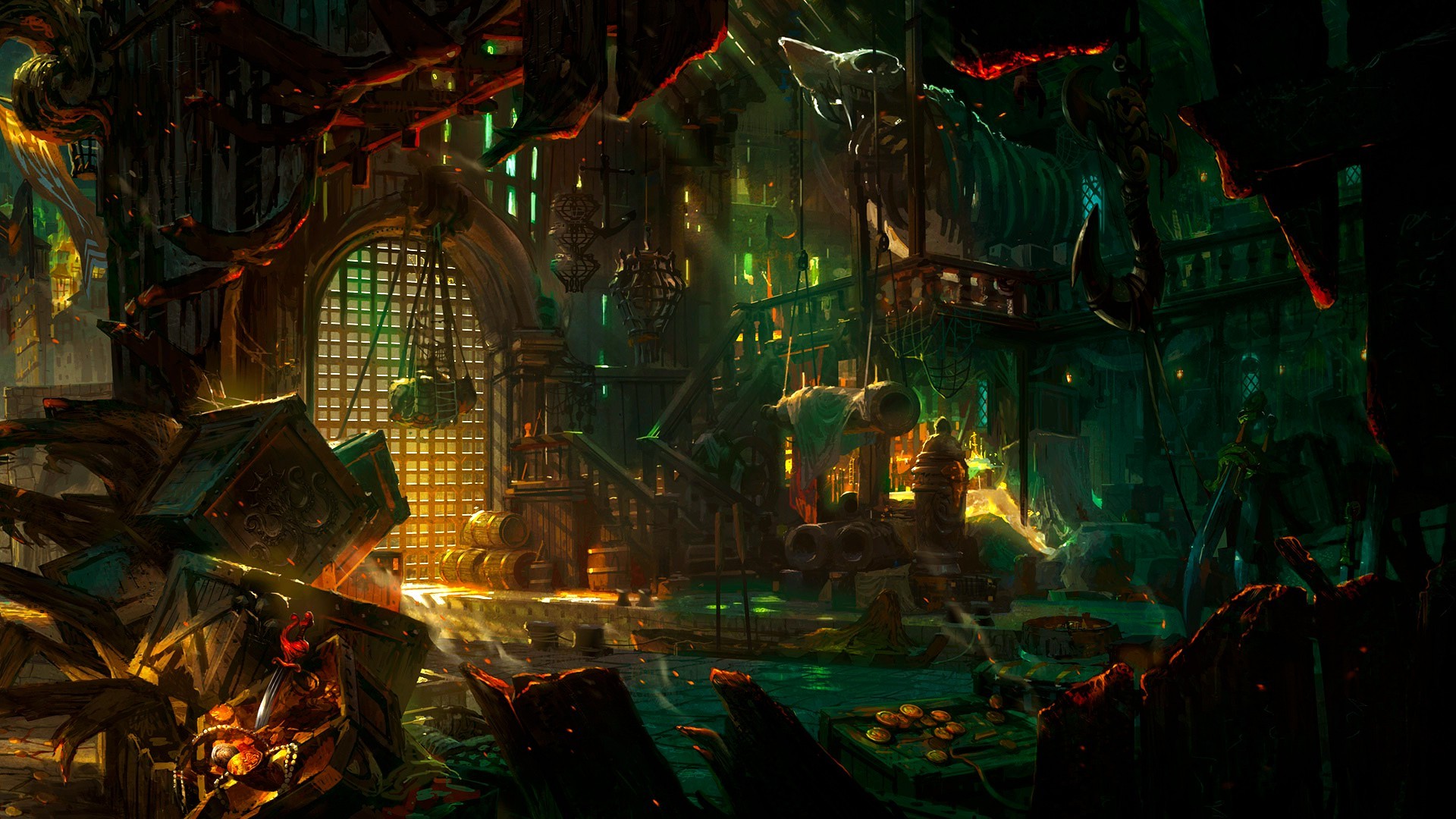 Bilgewater fantasy art interior with machinery and water HD Wallpaper