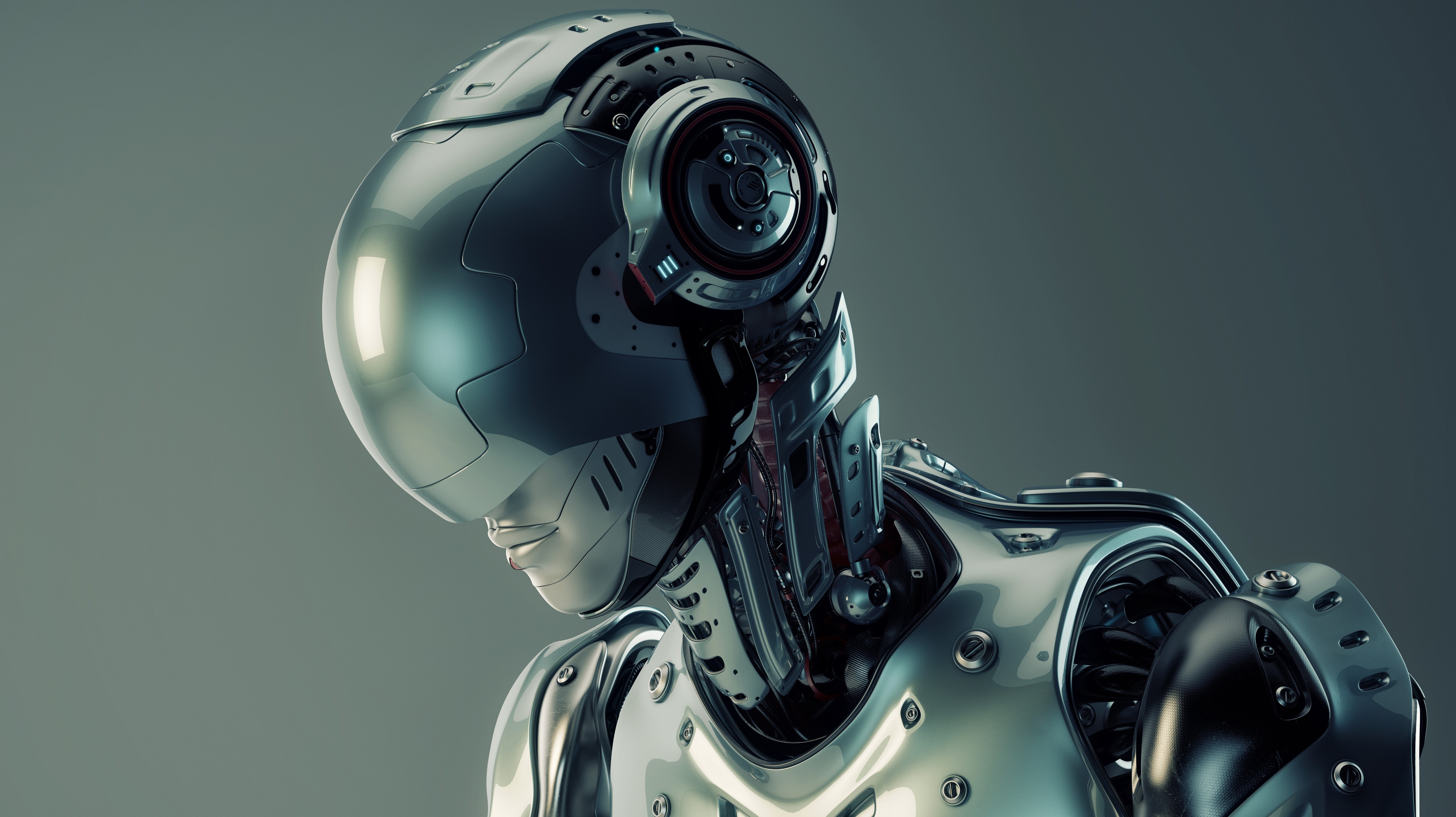 Futuristic cyborg robot with metallic body HD Wallpaper