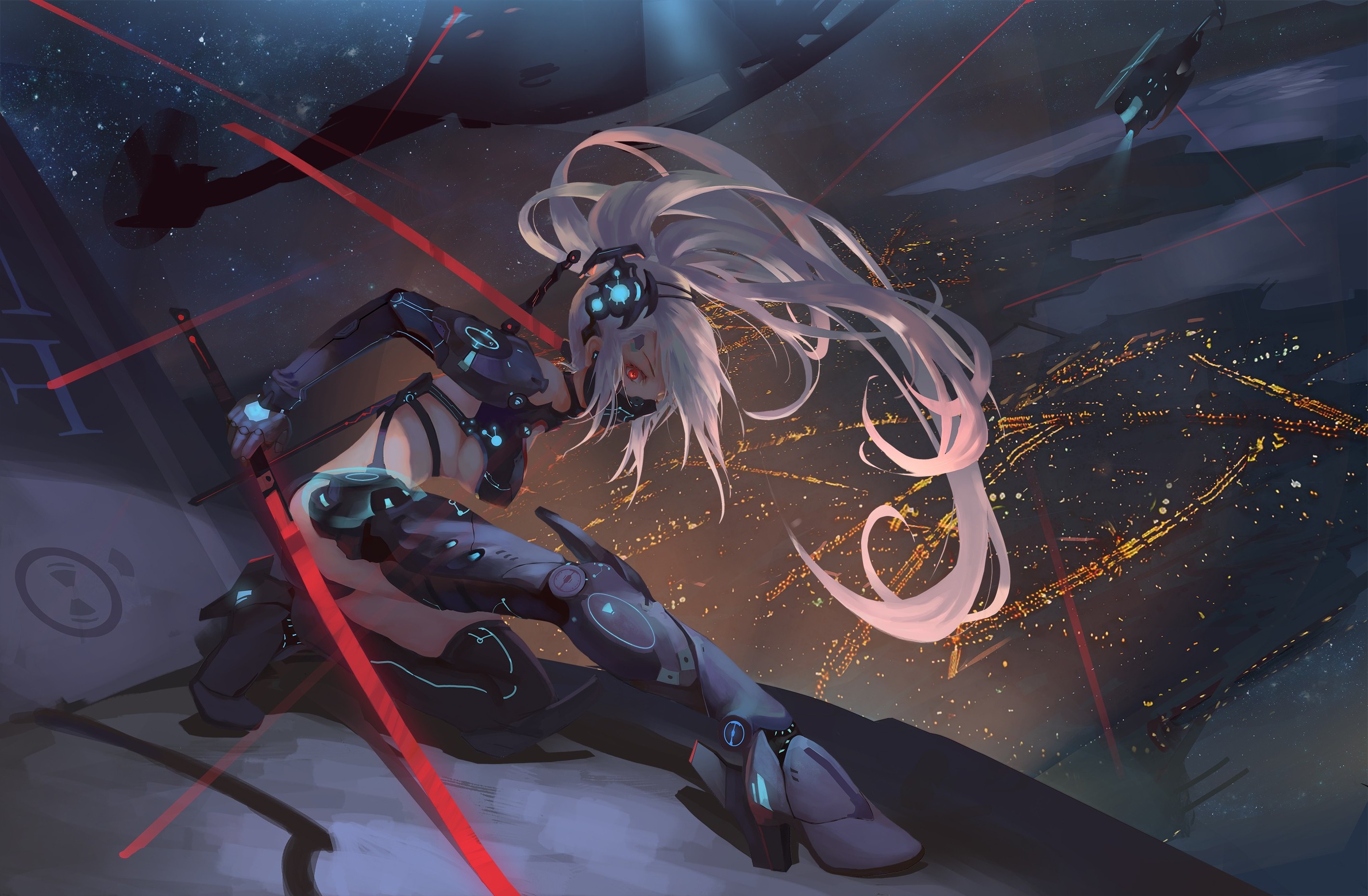 Anime girl with white hair and cybernetic suit holding a sword HD Wallpaper