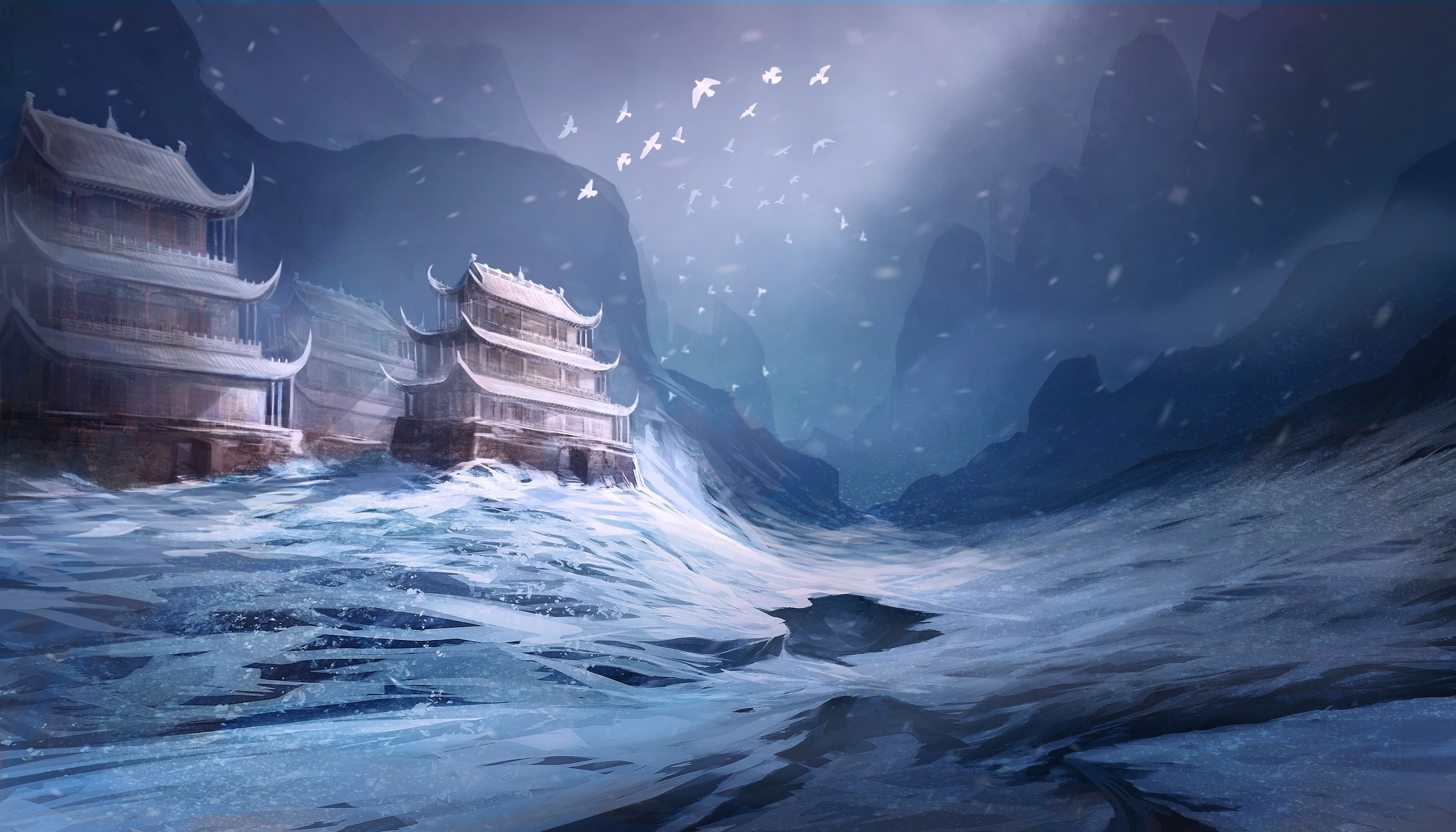 Fantasy art of temples in snow with birds HD Wallpaper