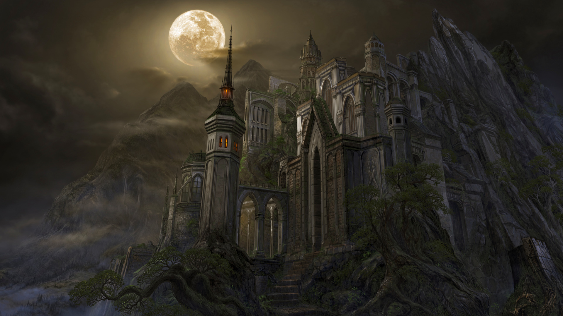 Gothic castle on a mountain under a full moon HD Wallpaper