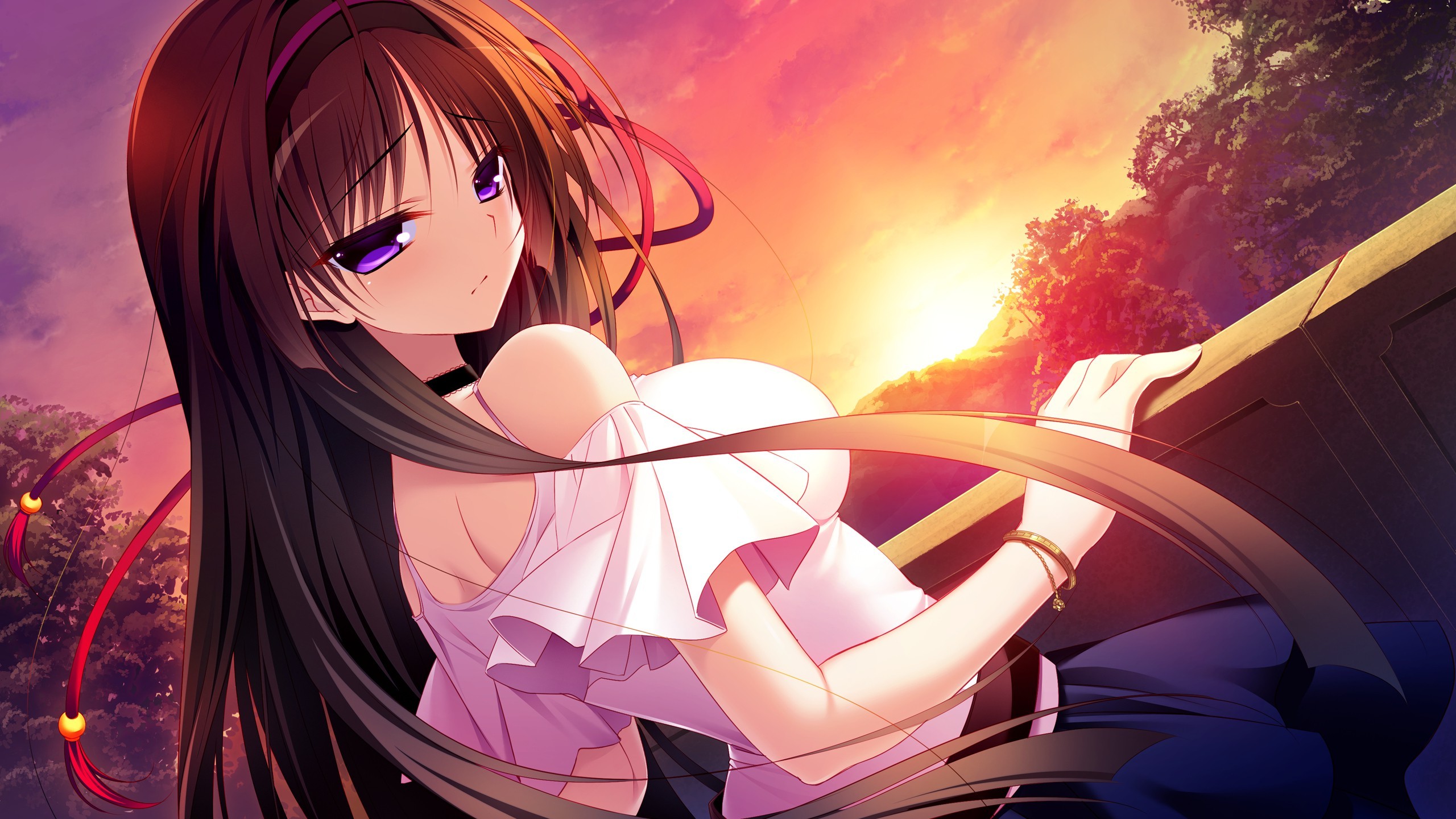 Anime girl with purple eyes and long dark hair HD Wallpaper