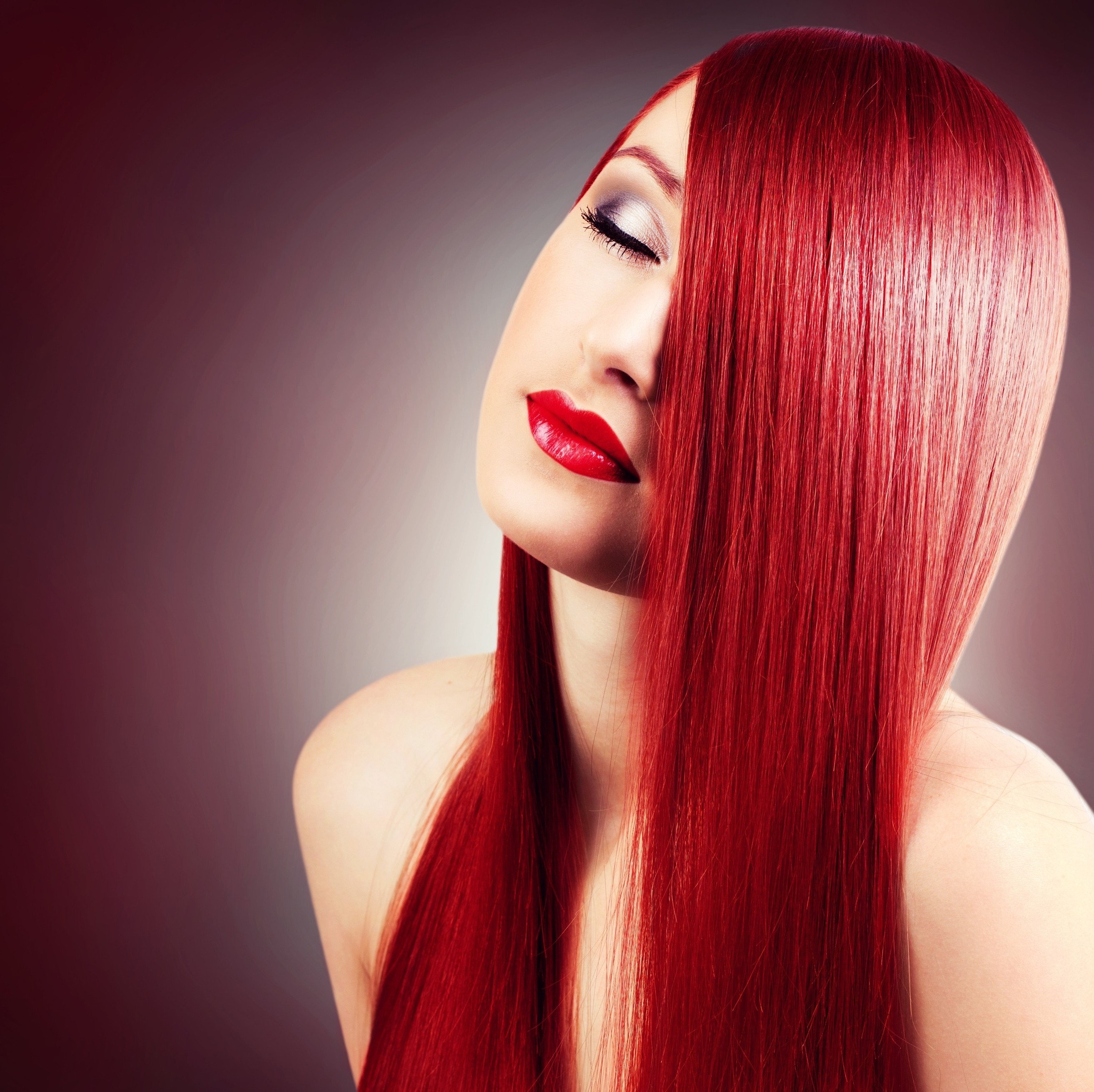Woman with long red straight hair and red lipstick HD Wallpaper