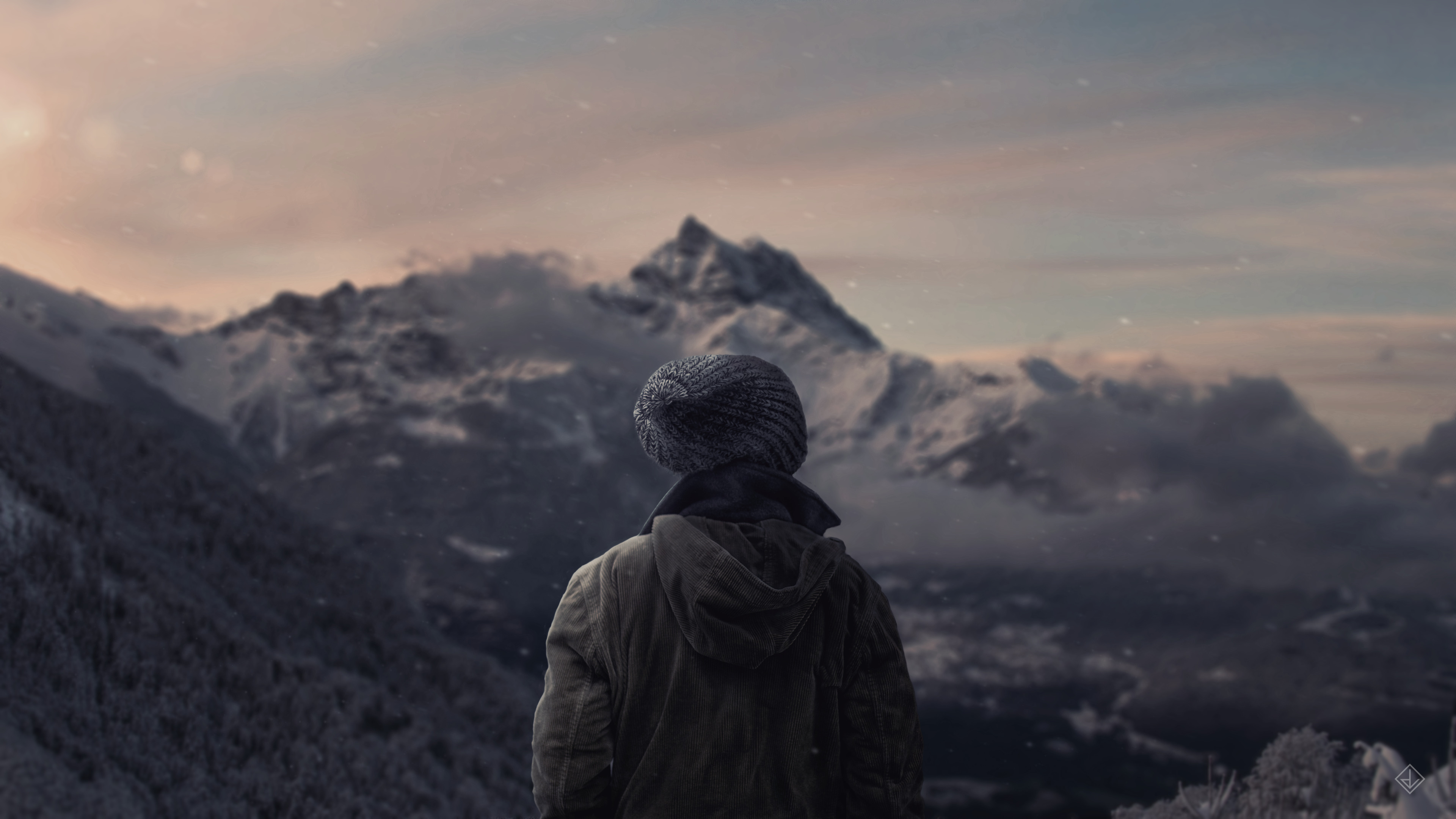 Person in beanie looking at snowy mountains HD Wallpaper