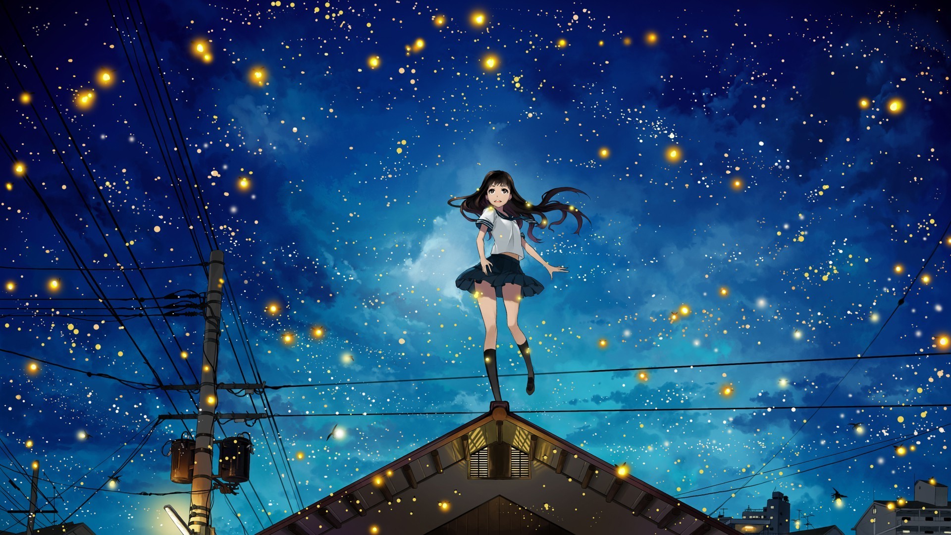 Anime girl in school uniform on a rooftop under starry sky HD Wallpaper