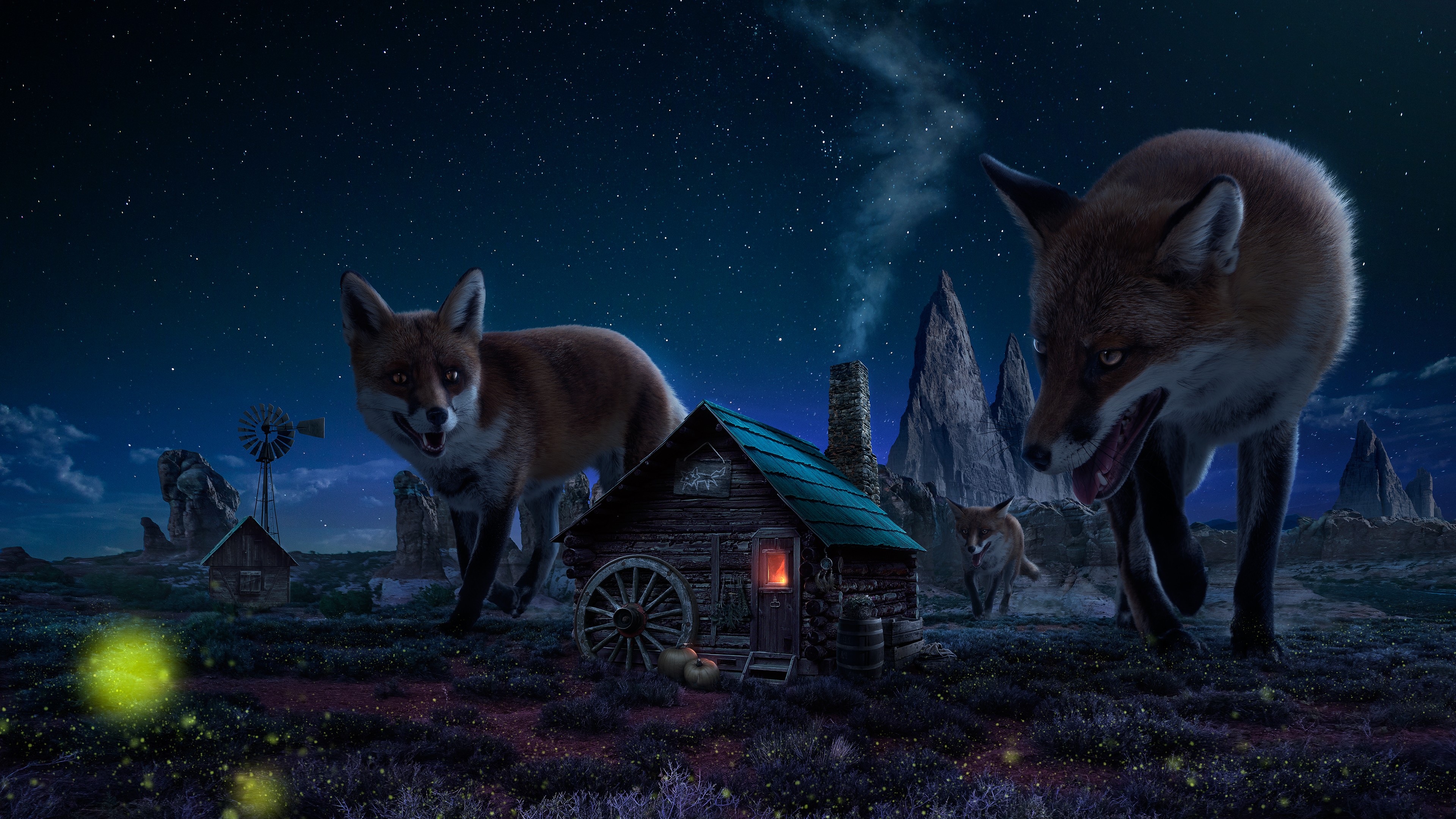 Foxes near a cabin at night HD Wallpaper