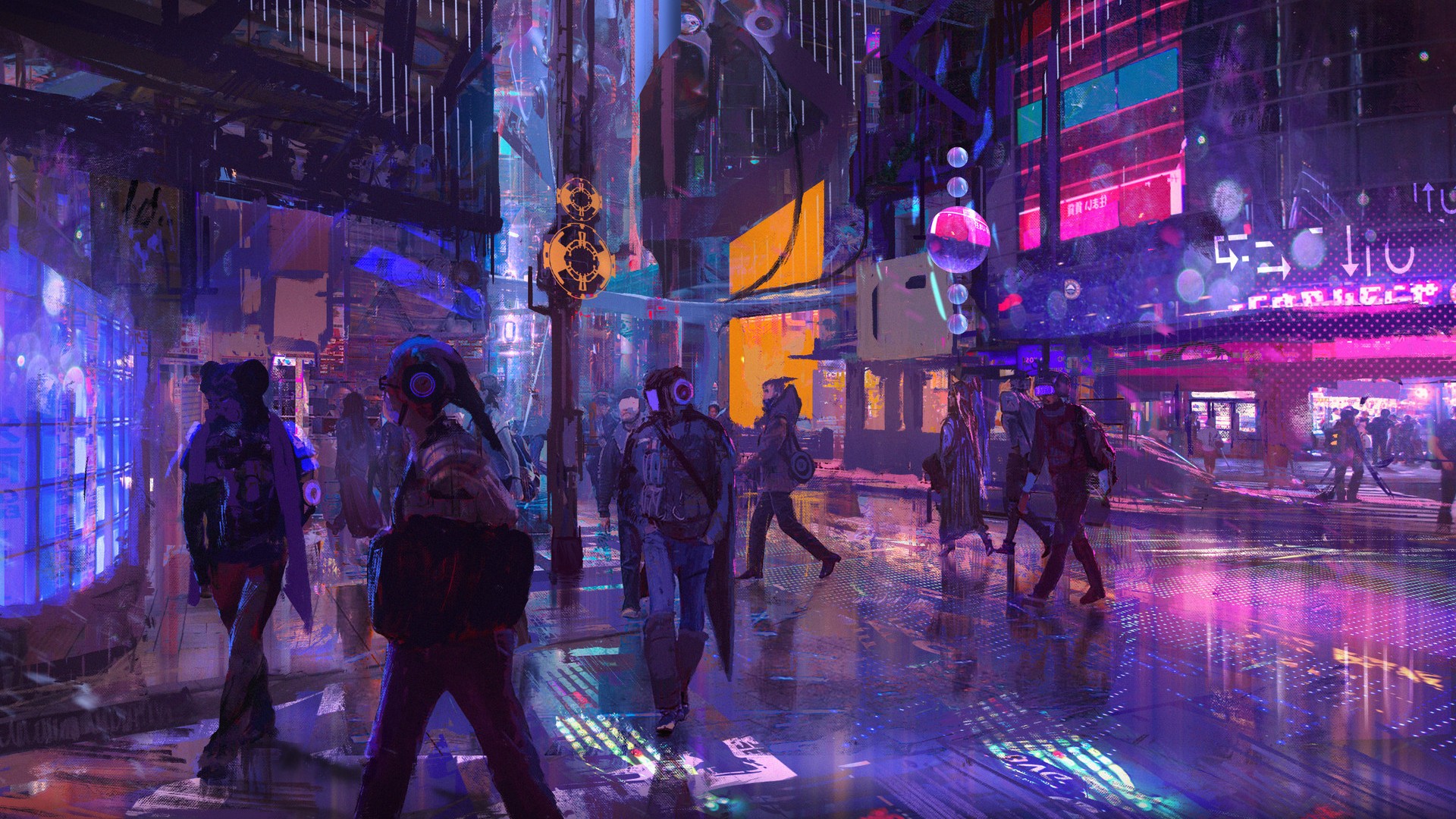 Futuristic city street with people and neon lights HD Wallpaper