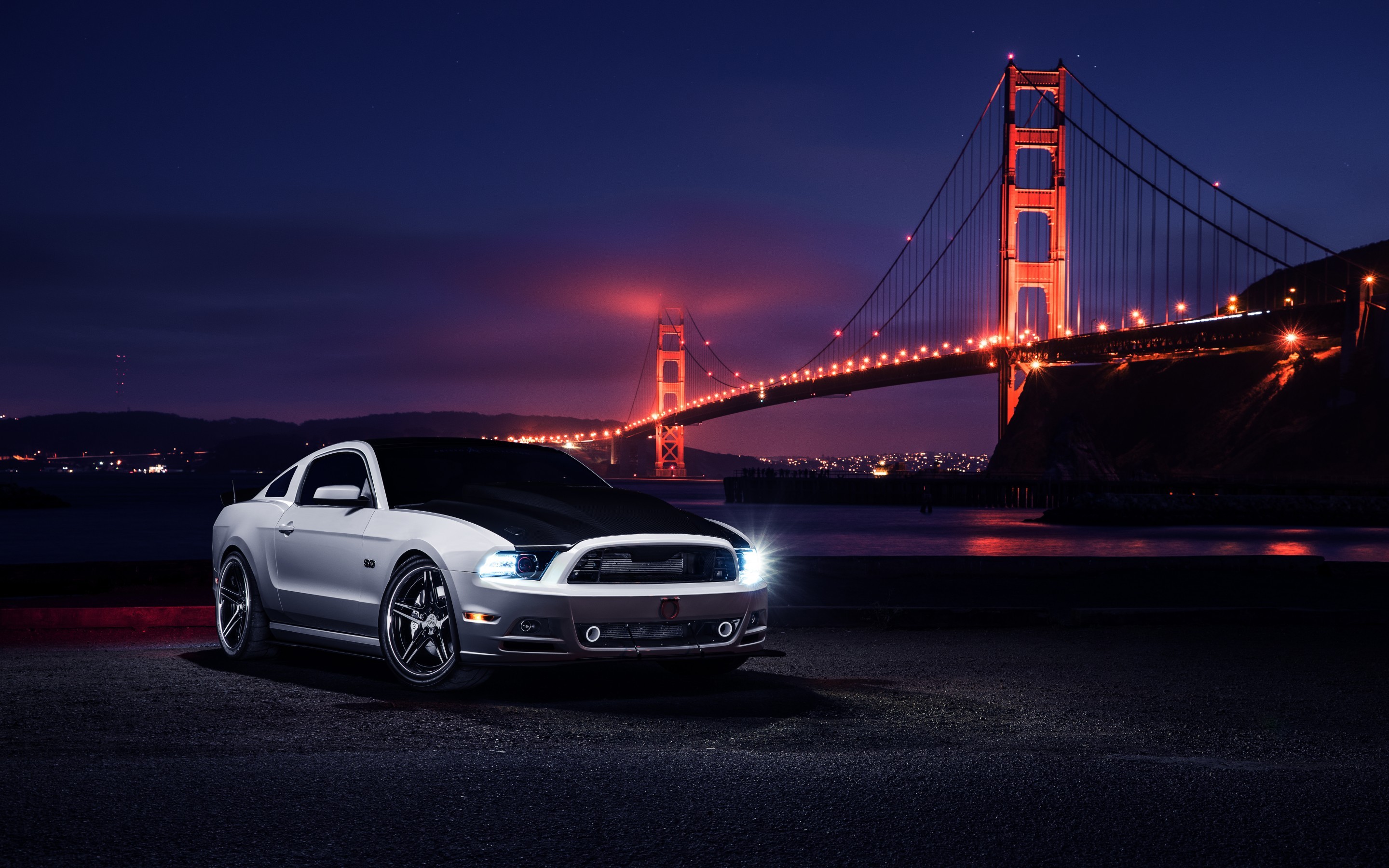 White Ford Mustang parked at night with Golden Gate Bridge HD Wallpaper