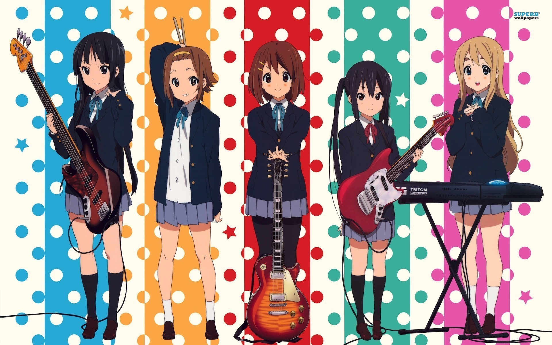 K-On! Mio, Yui, Azusa, Ritsu, and Tsumugi with instruments HD Wallpaper