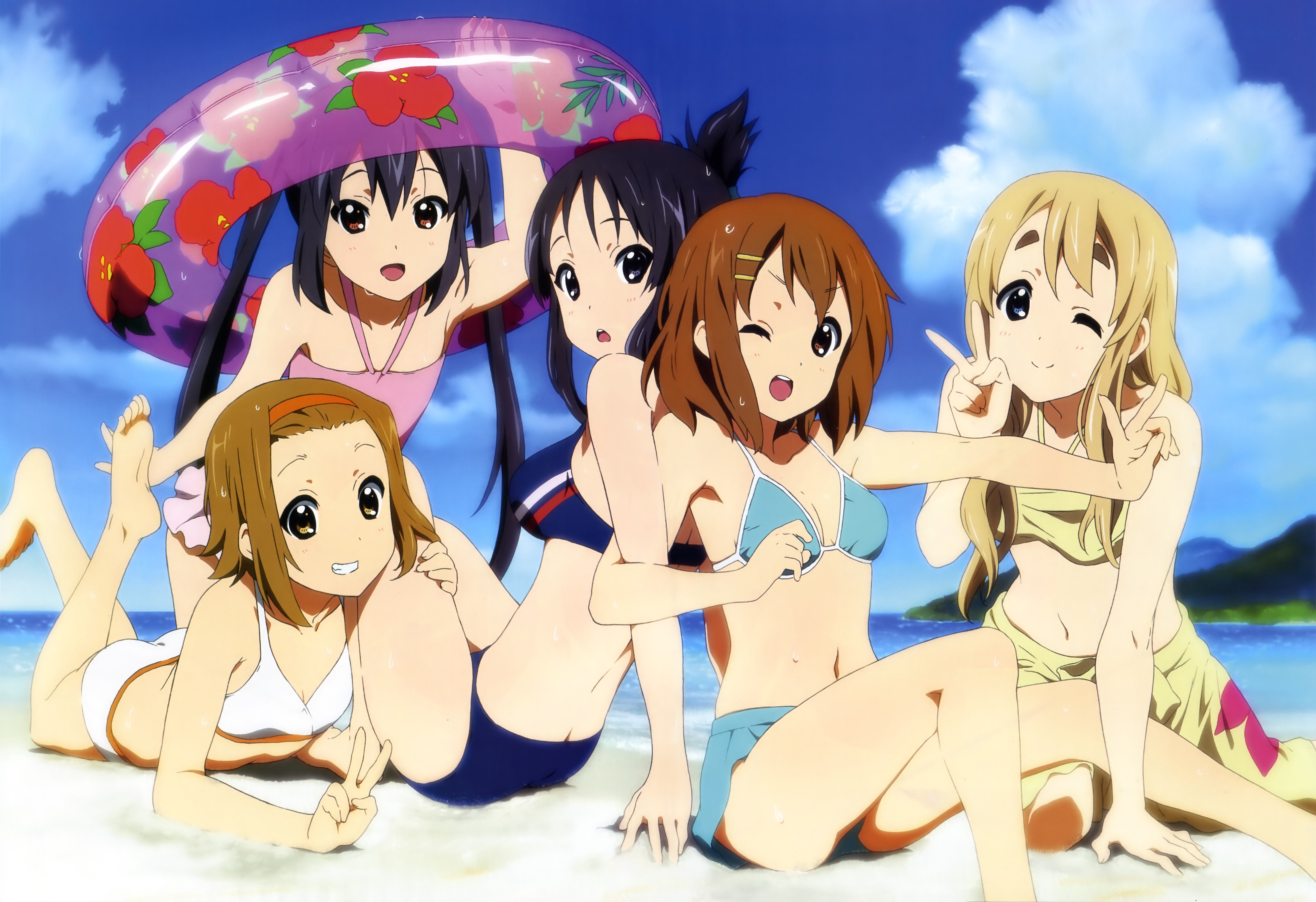 K-On! girls on the beach with inflatable ring HD Wallpaper