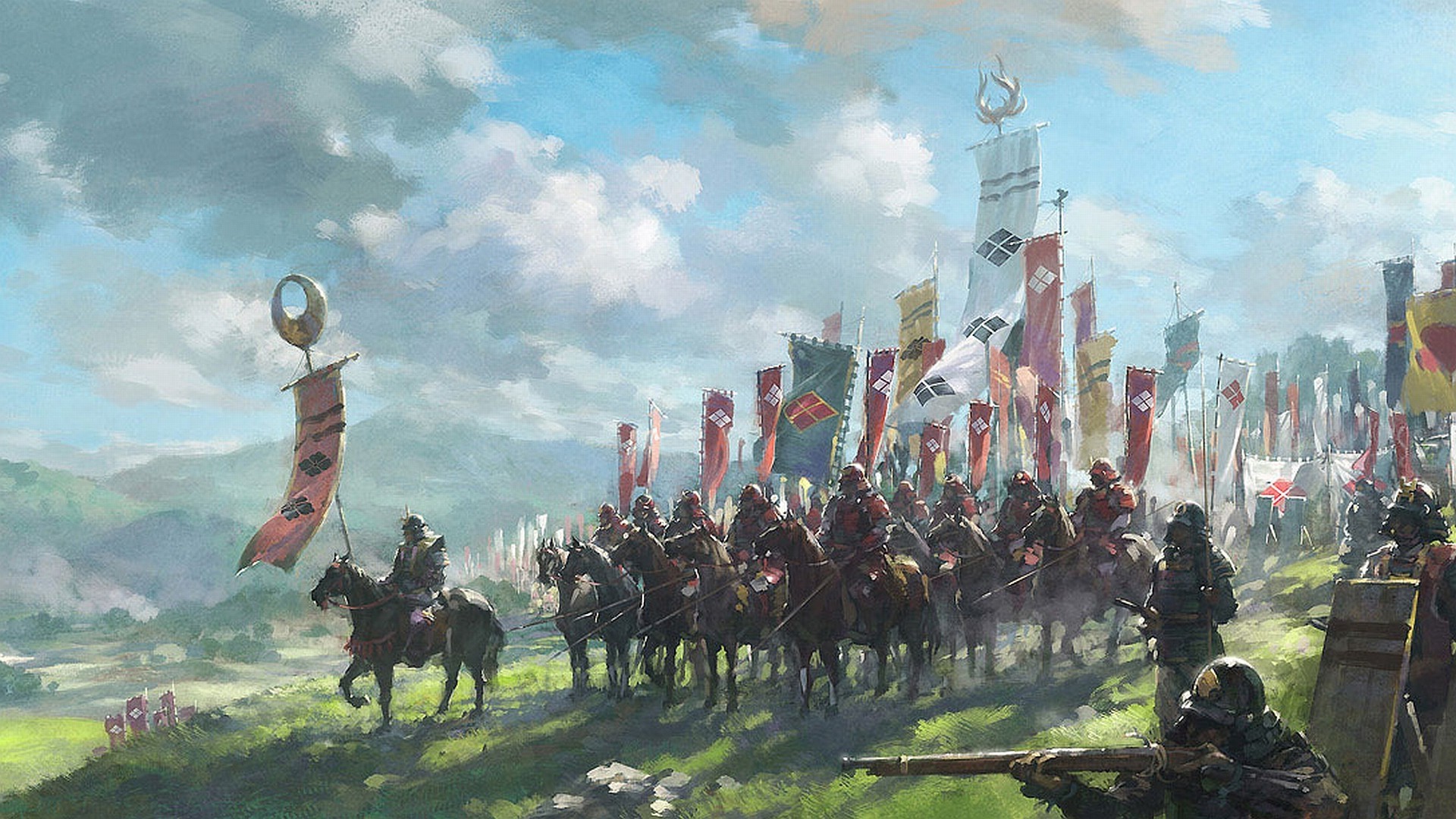 Samurai army with flags on horseback HD Wallpaper