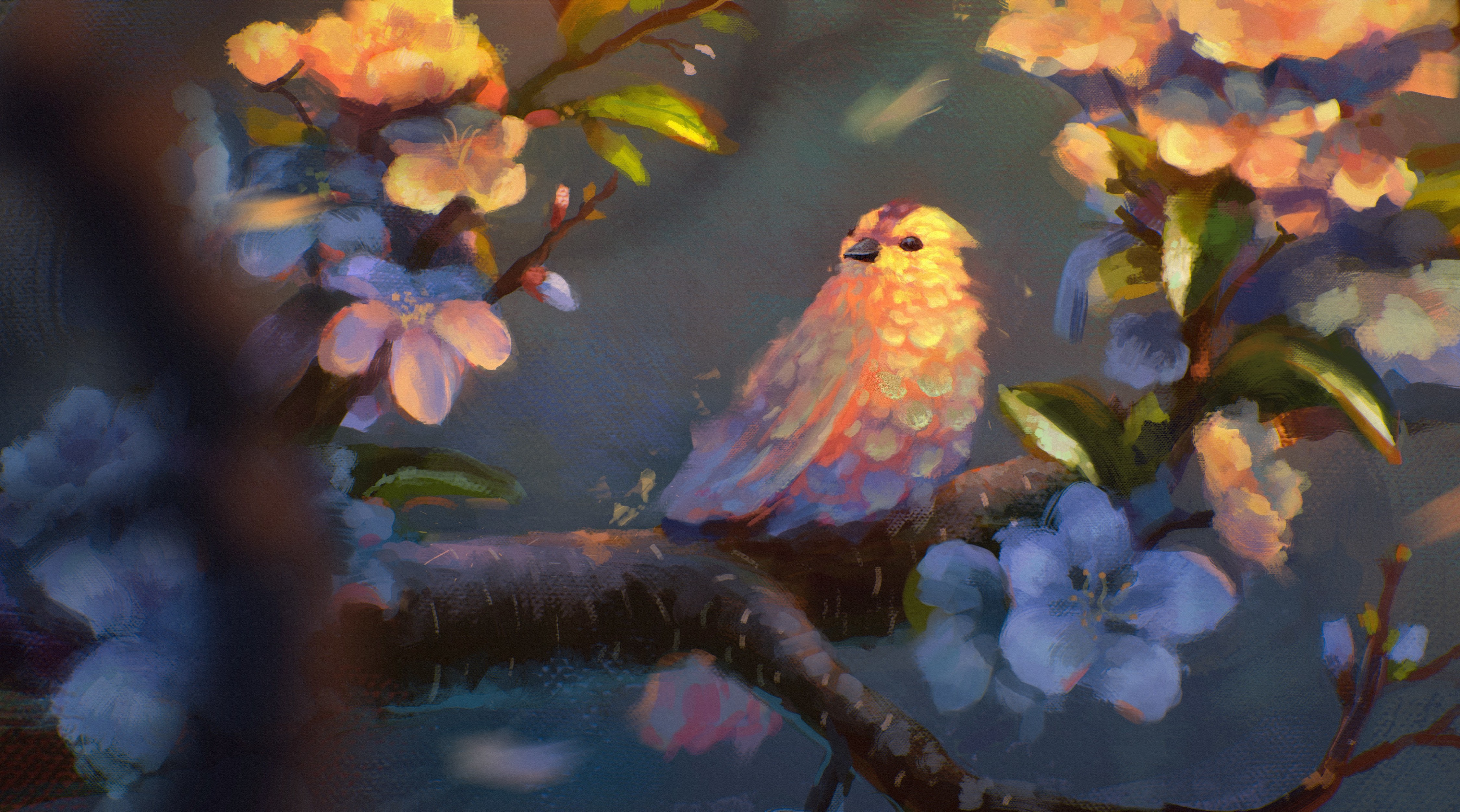 Fantasy art painting of a bird on a branch with flowers HD Wallpaper