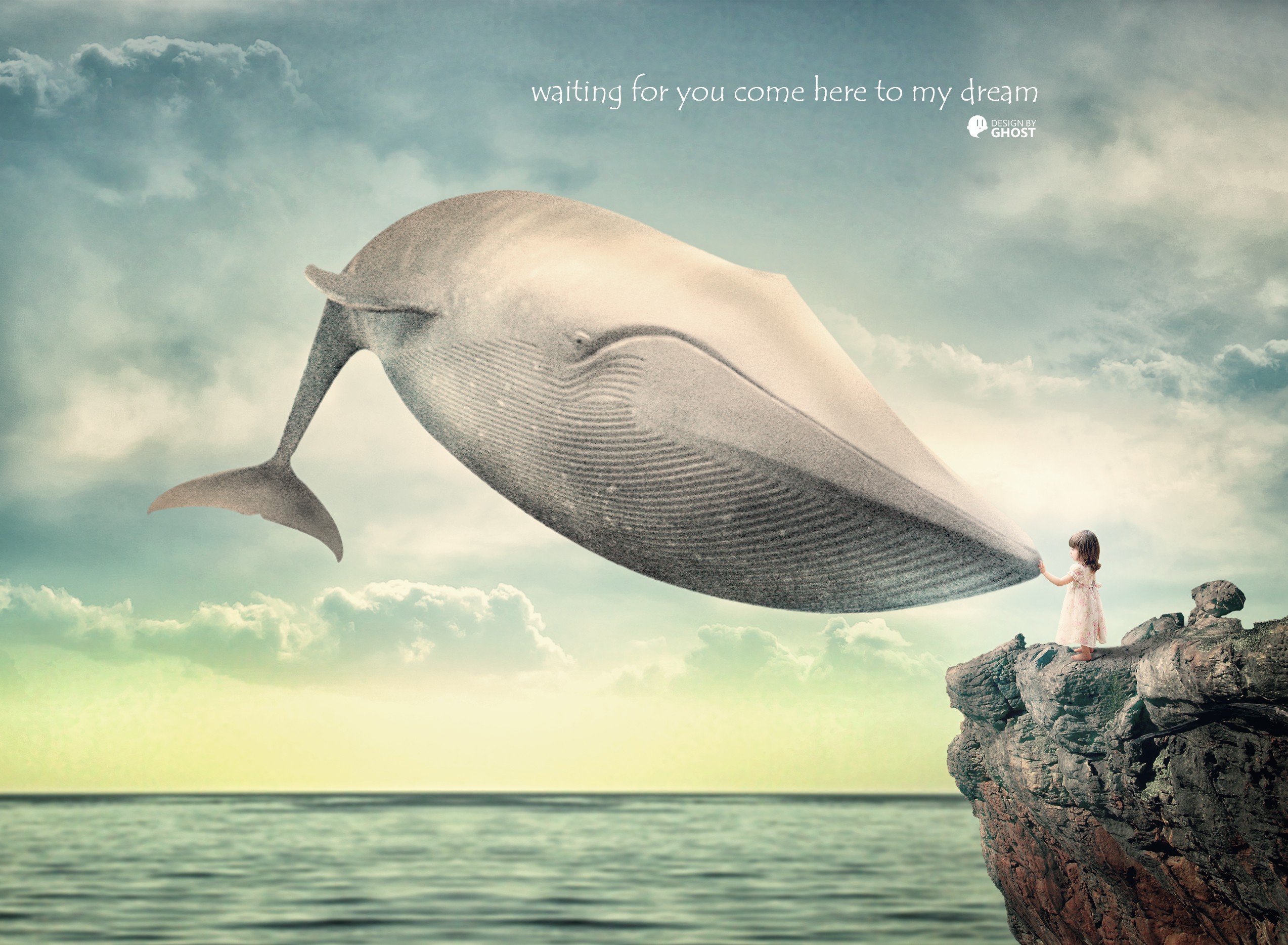 Girl holding a whale's tail in a dreamscape HD Wallpaper