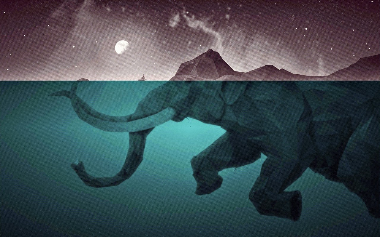 Low poly elephant underwater with moonlit sky and mountains HD Wallpaper