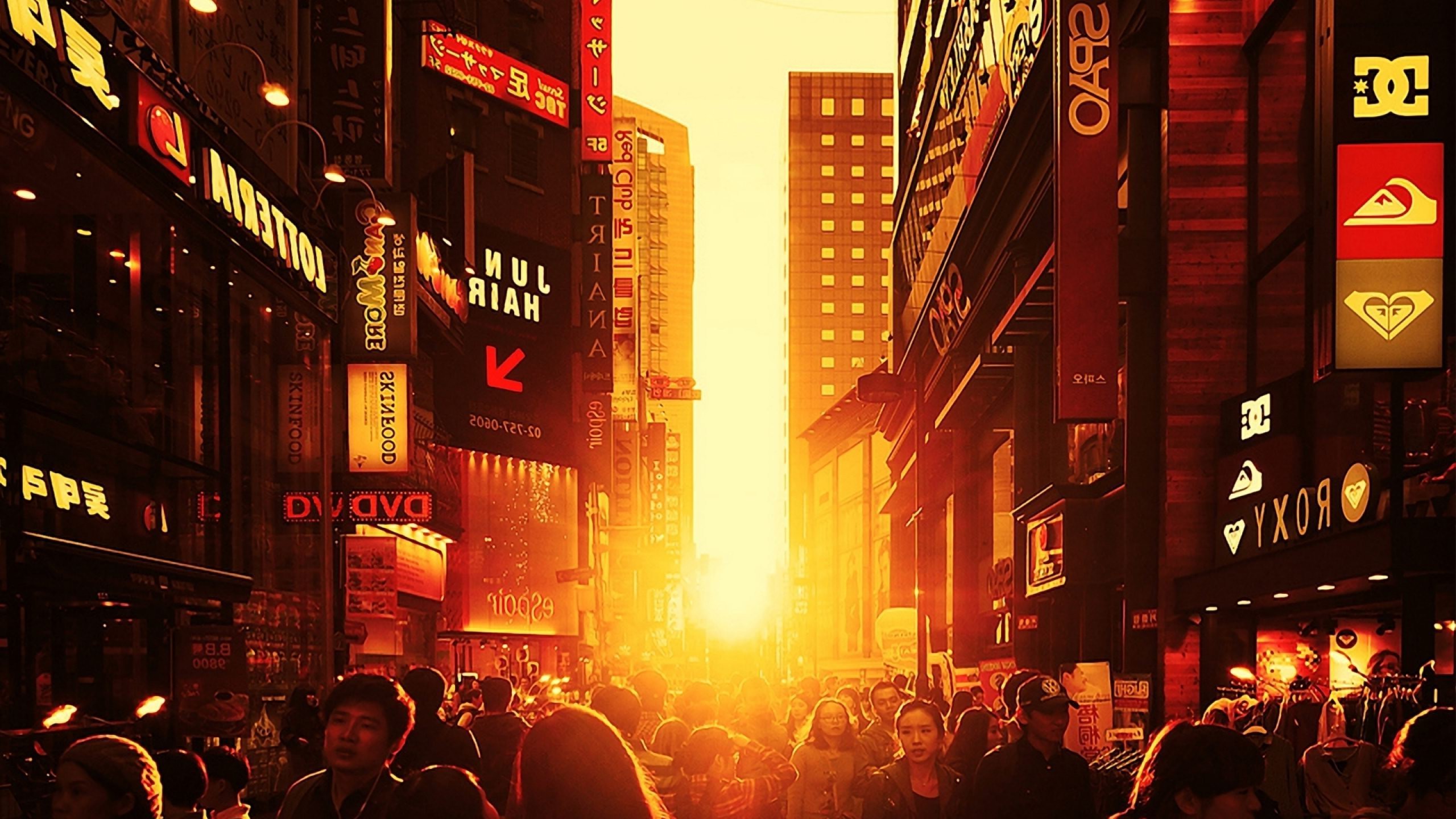 Seoul street at sunset with crowds and neon signs HD Wallpaper